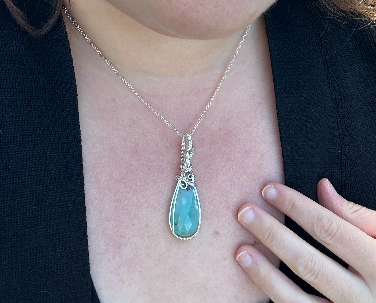 Sterling Silver Wire-Wrapped Rosecut Blue African Chalcedony Pendant
