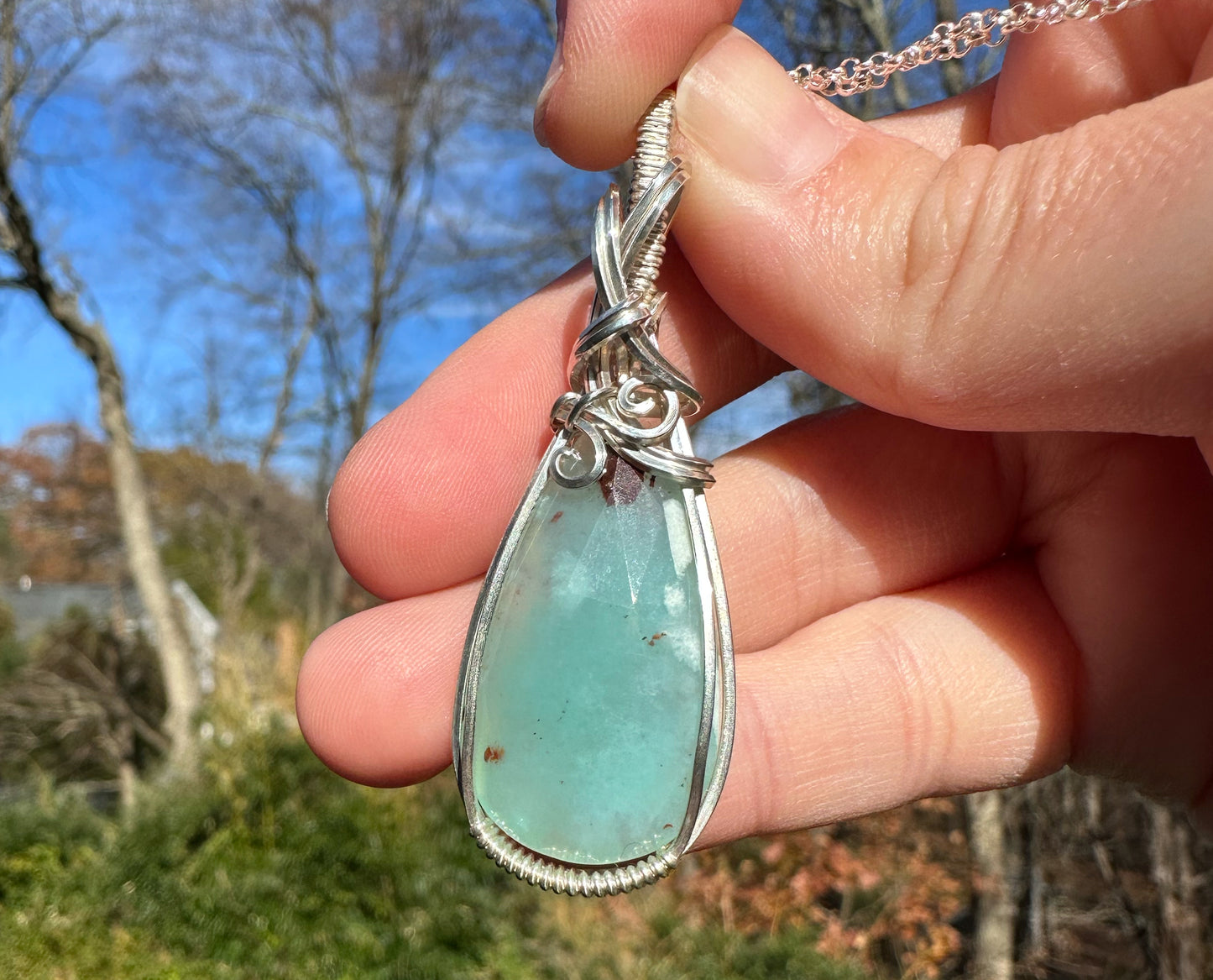 Sterling Silver Wire-Wrapped Rosecut Blue African Chalcedony Pendant