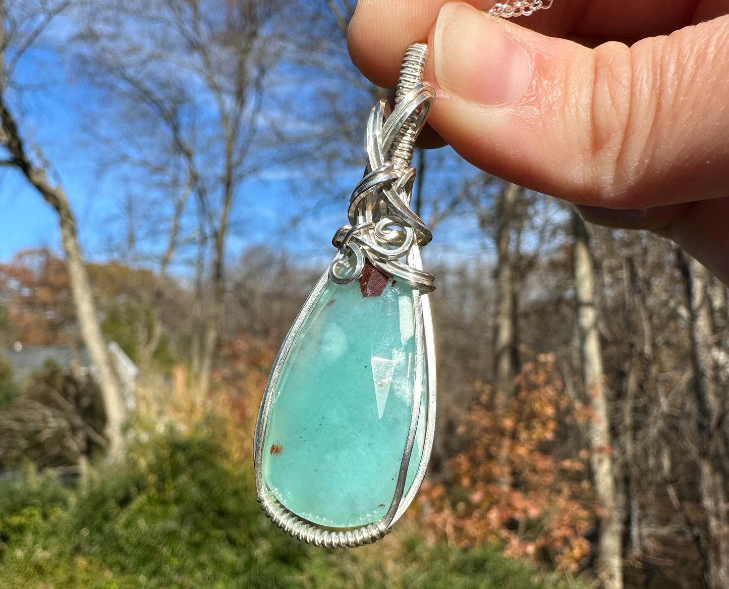 Sterling Silver Wire-Wrapped Rosecut Blue African Chalcedony Pendant