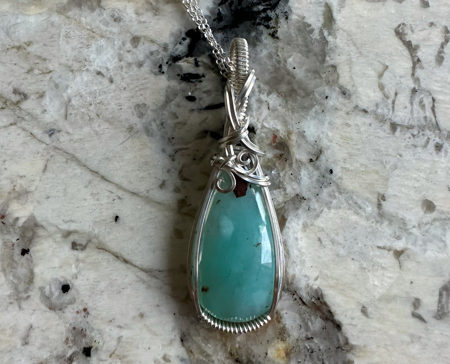 Sterling Silver Wire-Wrapped Rosecut Blue African Chalcedony Pendant