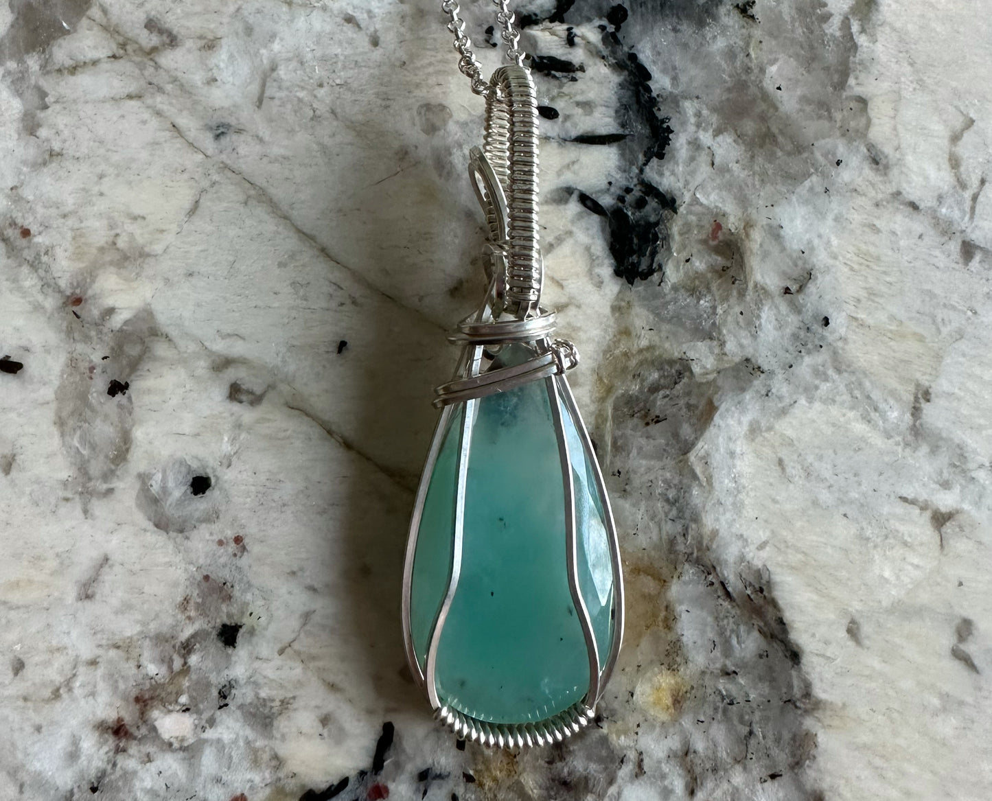 Sterling Silver Wire-Wrapped Rosecut Blue African Chalcedony Pendant