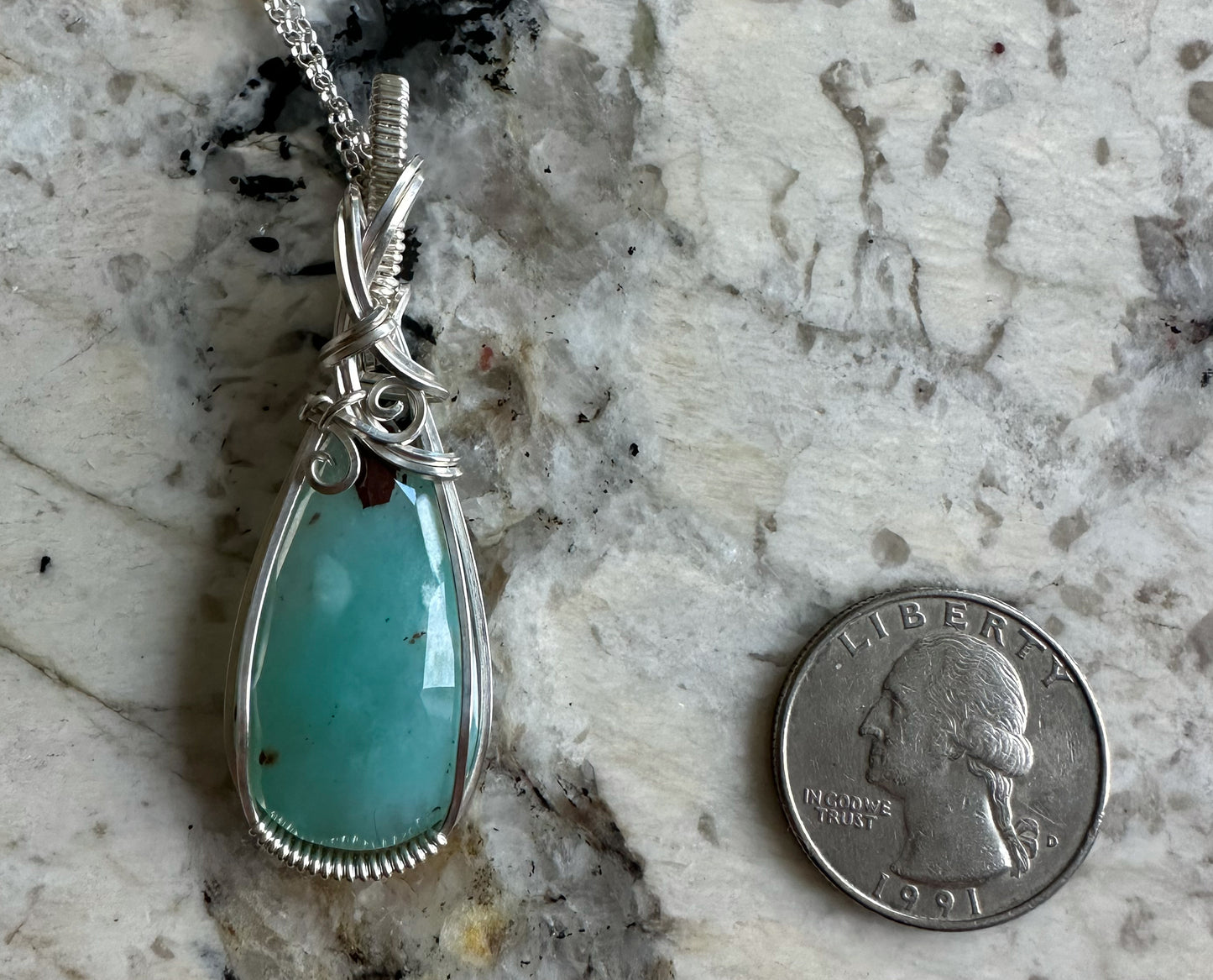 Sterling Silver Wire-Wrapped Rosecut Blue African Chalcedony Pendant
