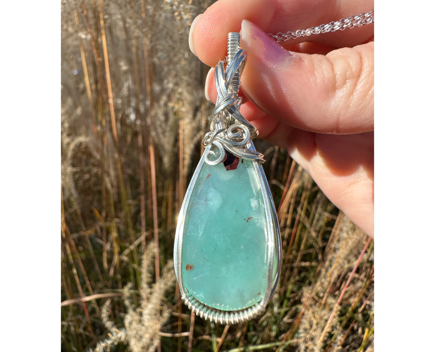Sterling Silver Wire-Wrapped Rosecut Blue African Chalcedony Pendant