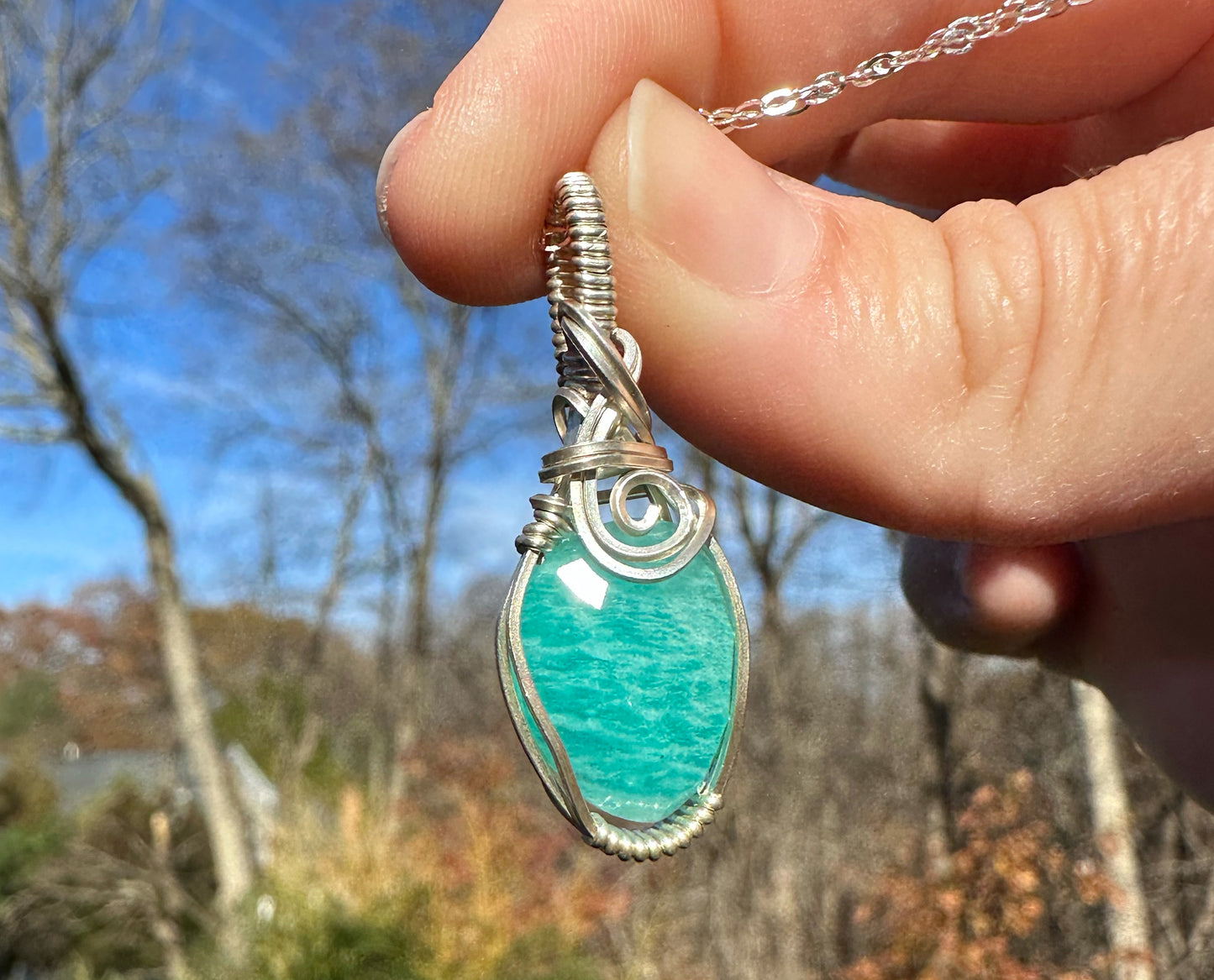 Wire-Wrapped Rosecut Amazonite Pendant in Sterling Silver