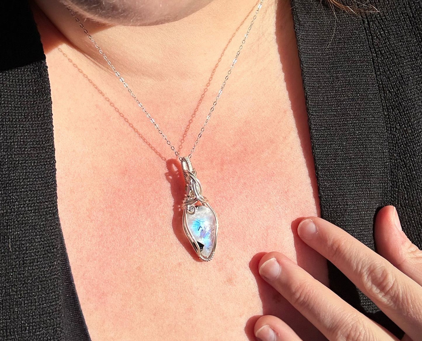 Wire-wrapped Rainbow Moonstone with Black Tourmaline Pendant in Sterling Silver