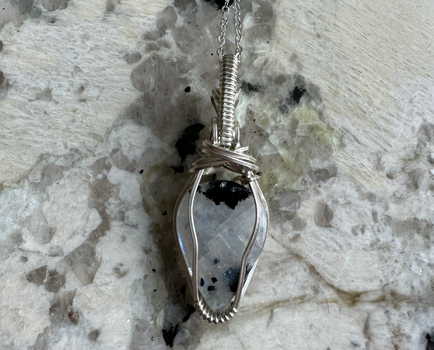 Wire-wrapped Rainbow Moonstone with Black Tourmaline Pendant in Sterling Silver