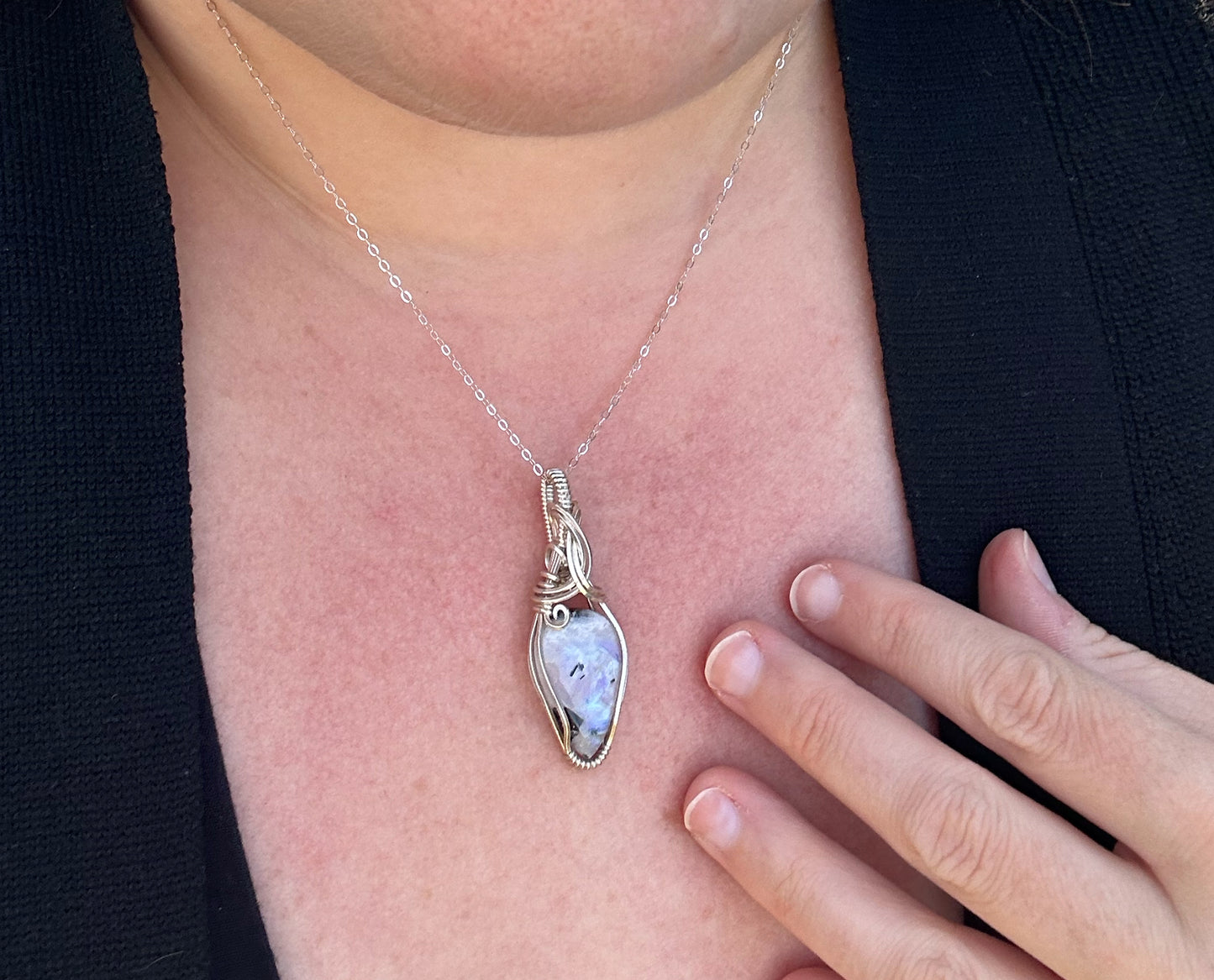 Wire-wrapped Rainbow Moonstone with Black Tourmaline Pendant in Sterling Silver