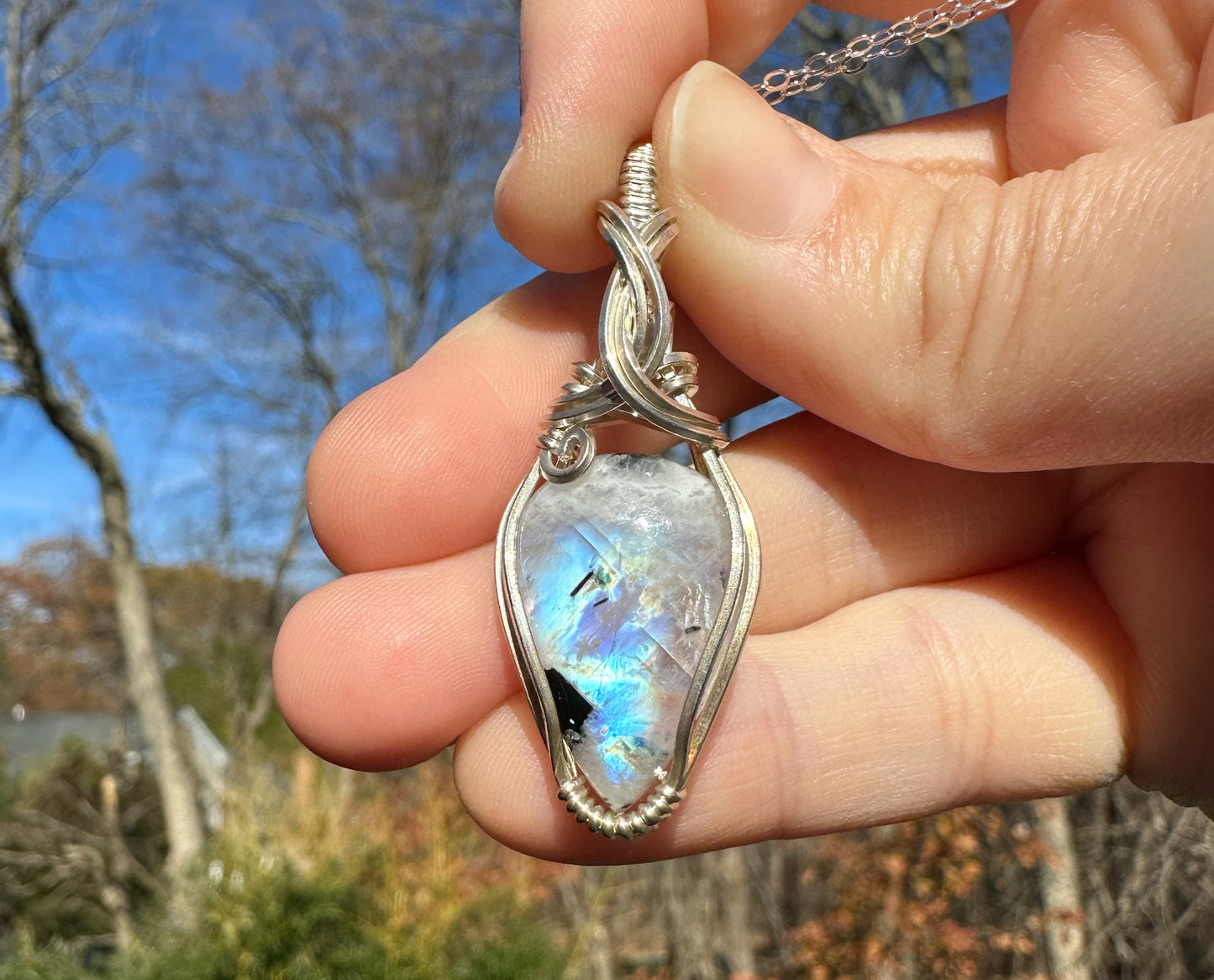 Wire-wrapped Rainbow Moonstone with Black Tourmaline Pendant in Sterling Silver