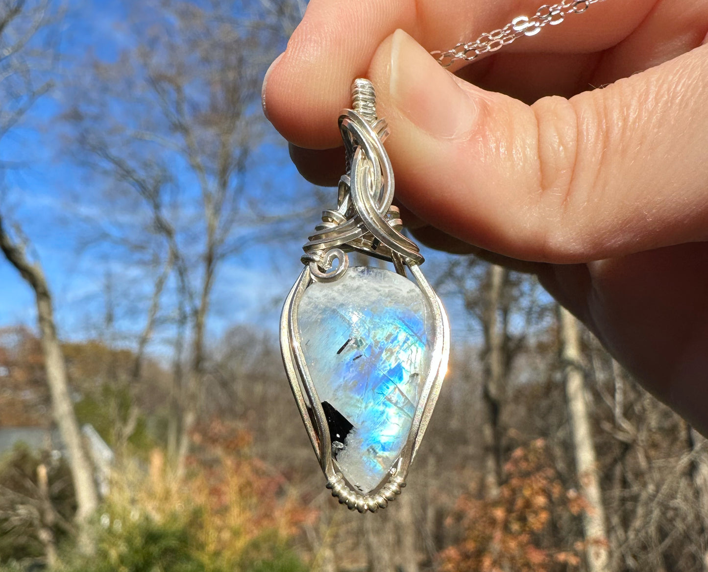 Wire-wrapped Rainbow Moonstone with Black Tourmaline Pendant in Sterling Silver
