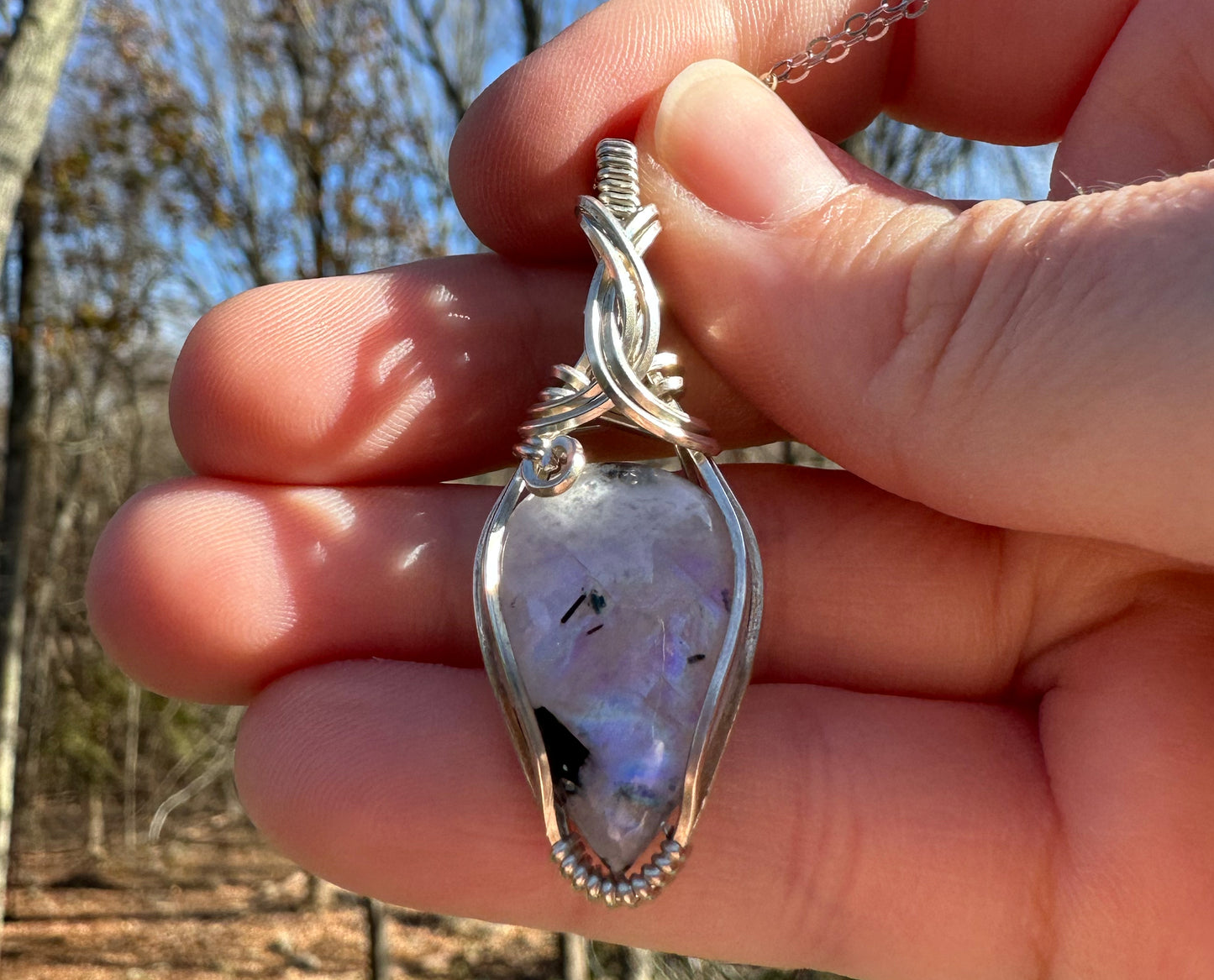 Wire-wrapped Rainbow Moonstone with Black Tourmaline Pendant in Sterling Silver