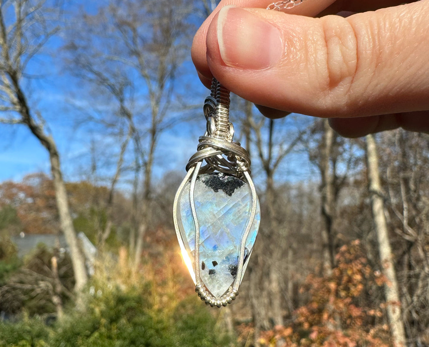 Wire-wrapped Rainbow Moonstone with Black Tourmaline Pendant in Sterling Silver
