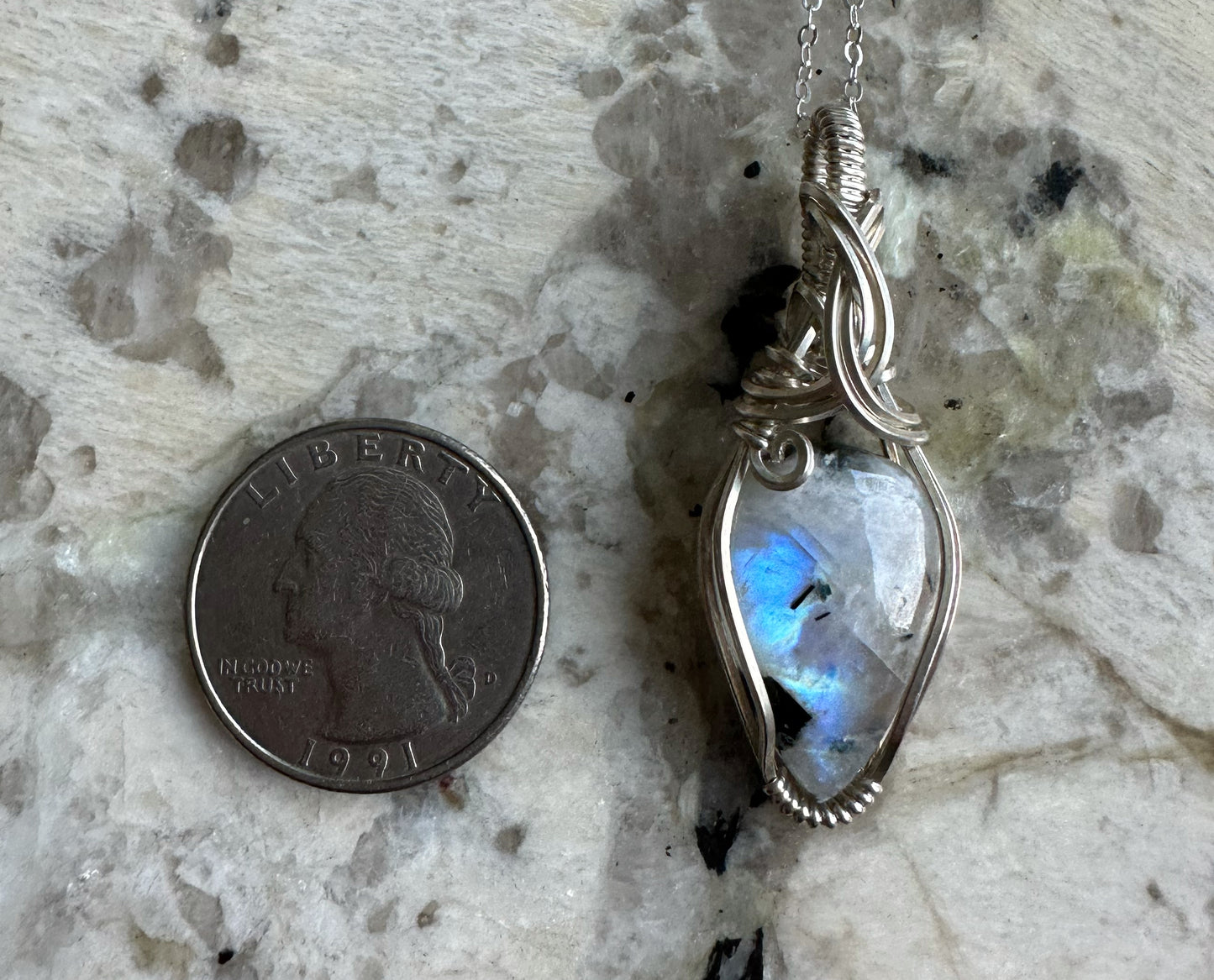 Wire-wrapped Rainbow Moonstone with Black Tourmaline Pendant in Sterling Silver