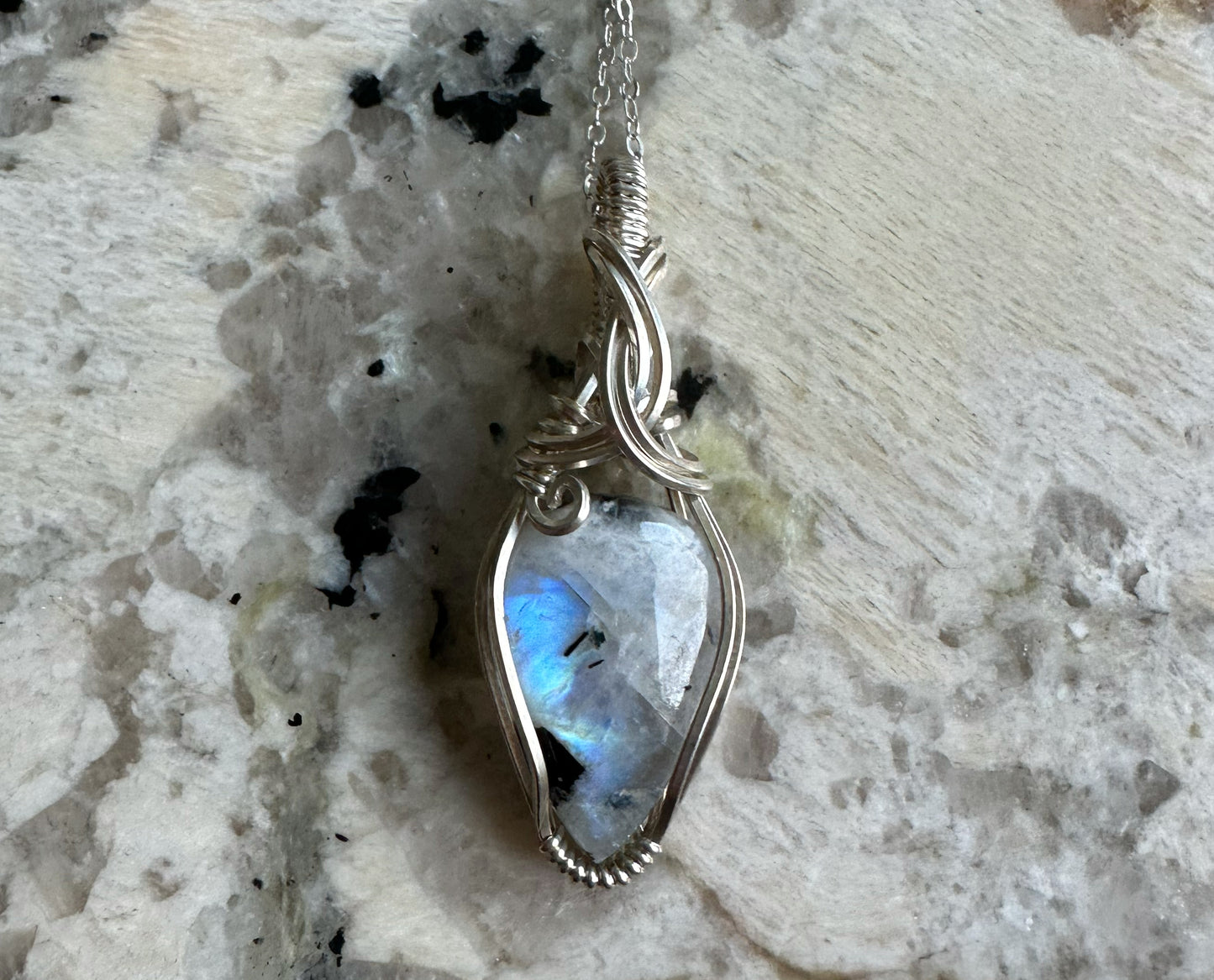 Wire-wrapped Rainbow Moonstone with Black Tourmaline Pendant in Sterling Silver
