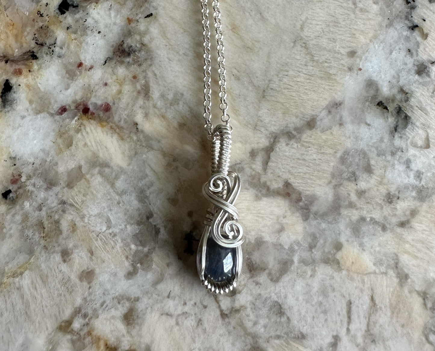 Sterling Silver Wire-Wrapped Rosecut Blue Sapphire Pendant