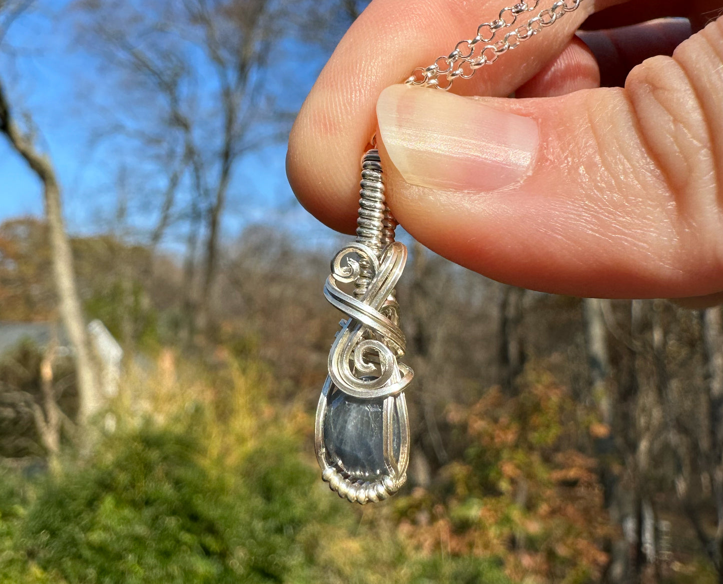 Sterling Silver Wire-Wrapped Rosecut Blue Sapphire Pendant