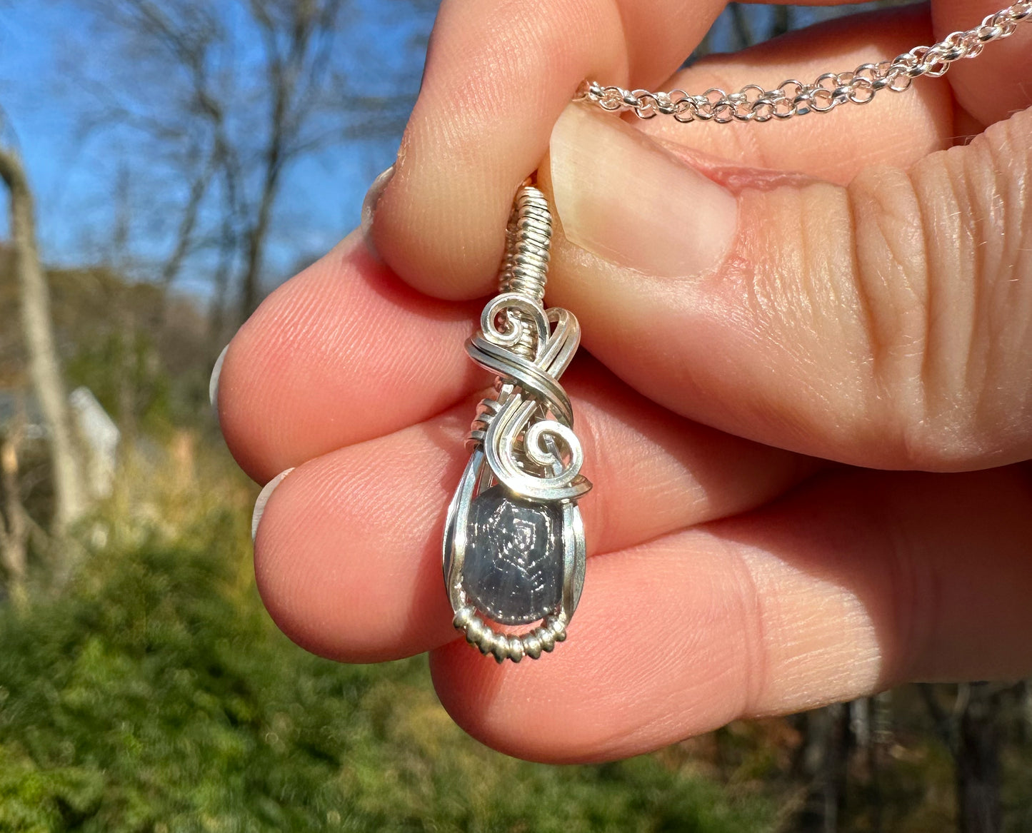 Sterling Silver Wire-Wrapped Rosecut Blue Sapphire Pendant