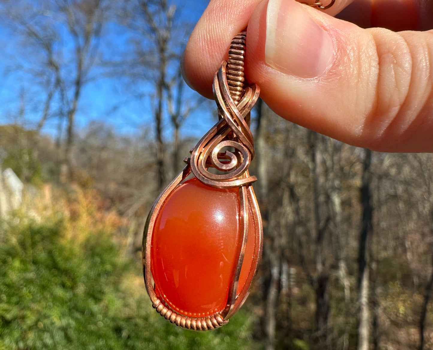 Wire-Wrapped Red Carnelian Pendant in Copper