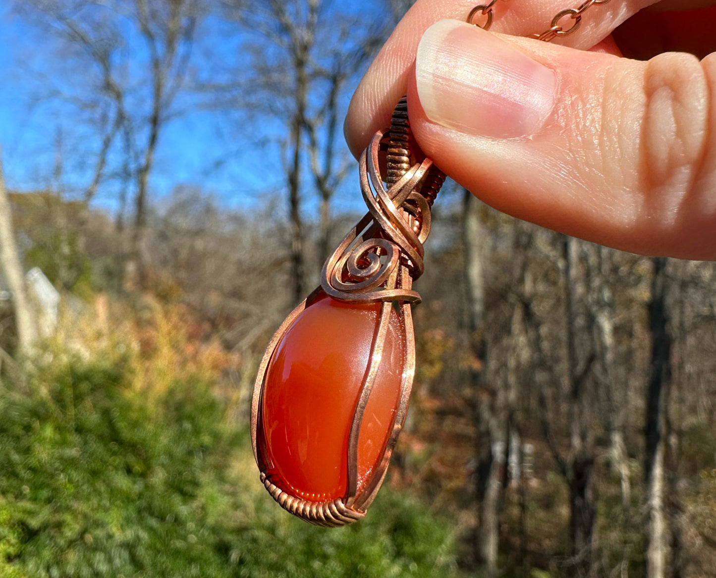Wire-Wrapped Red Carnelian Pendant in Copper
