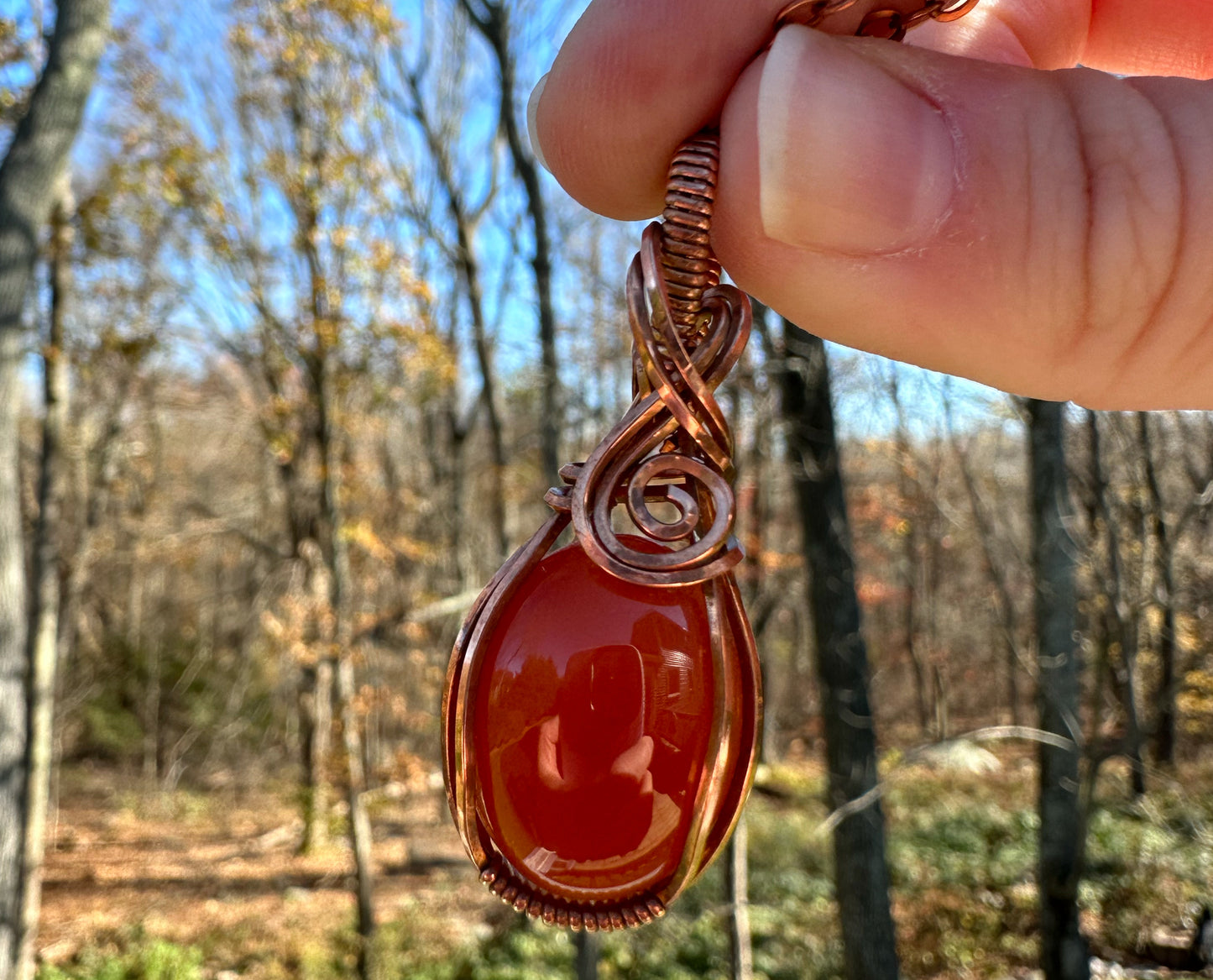 Wire-Wrapped Red Carnelian Pendant in Copper