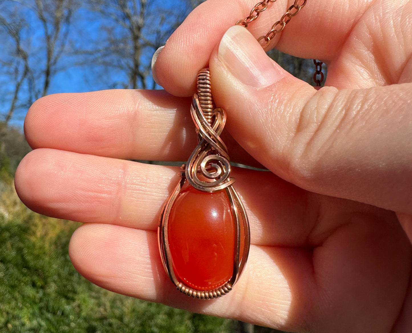 Wire-Wrapped Red Carnelian Pendant in Copper