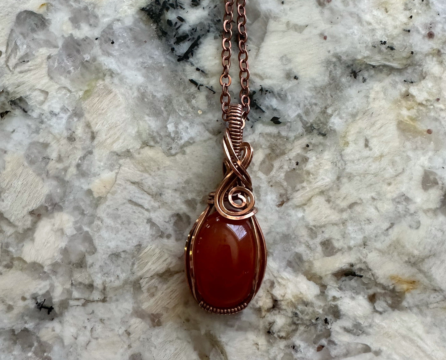 Wire-Wrapped Red Carnelian Pendant in Copper