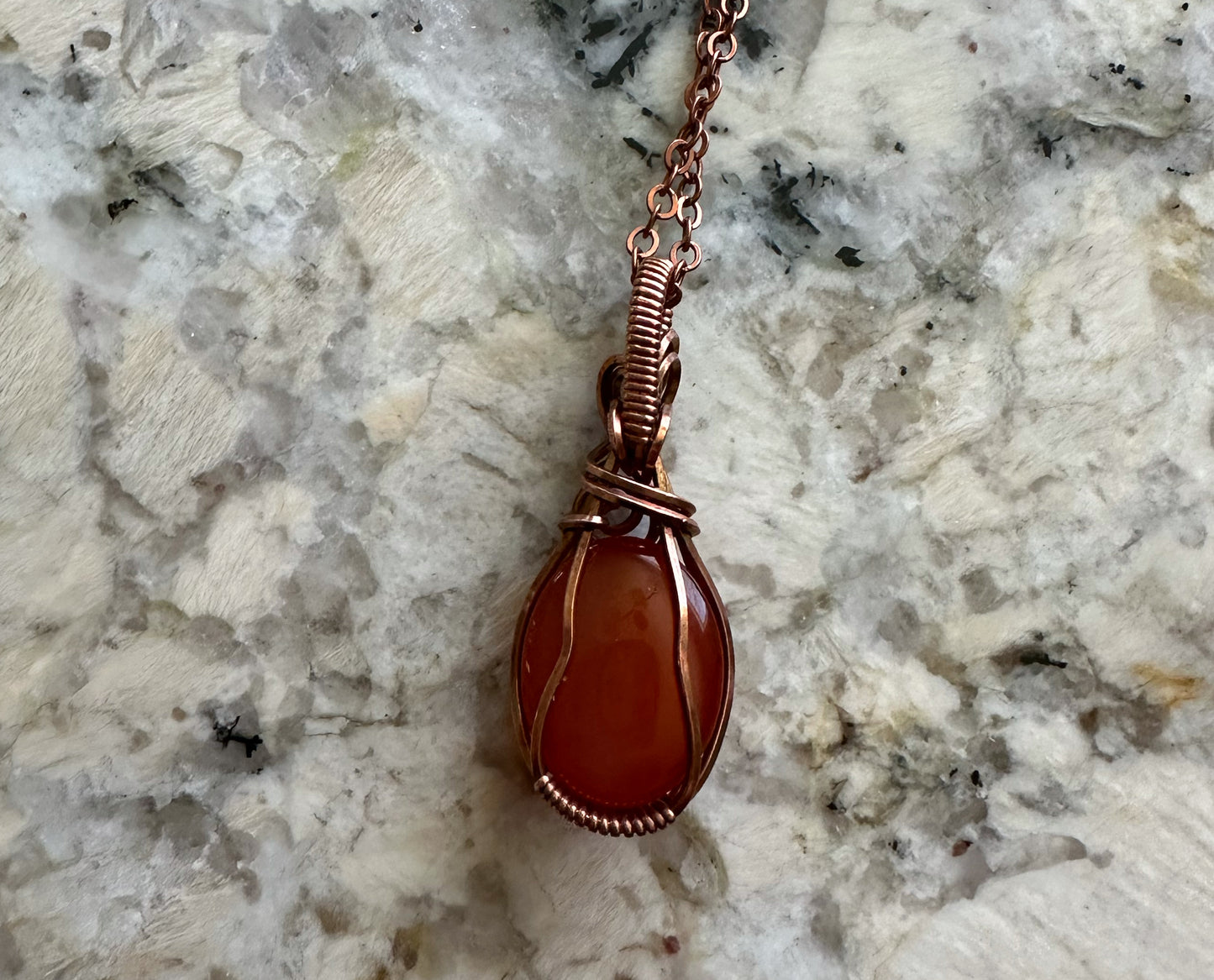 Wire-Wrapped Red Carnelian Pendant in Copper