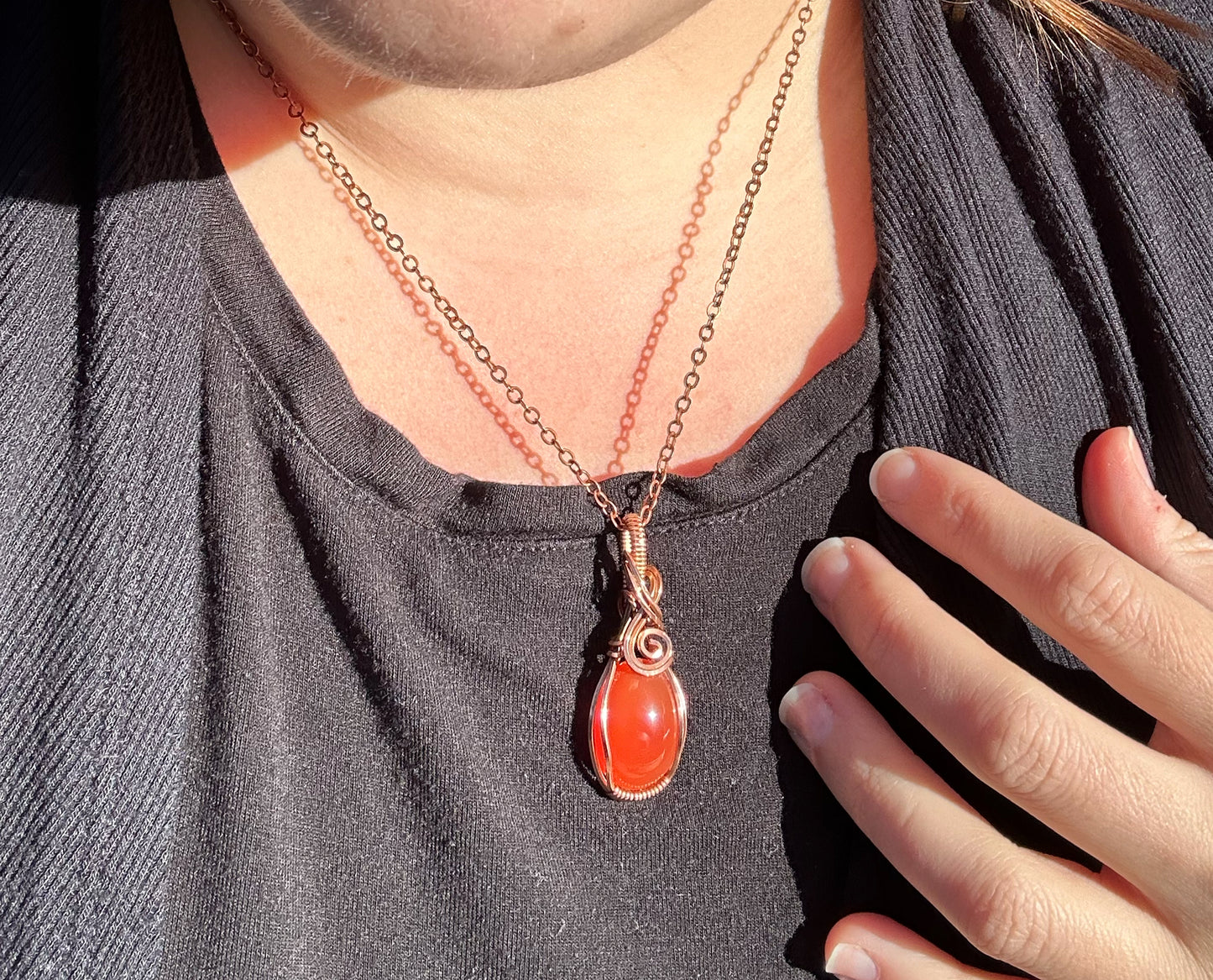 Wire-Wrapped Red Carnelian Pendant in Copper