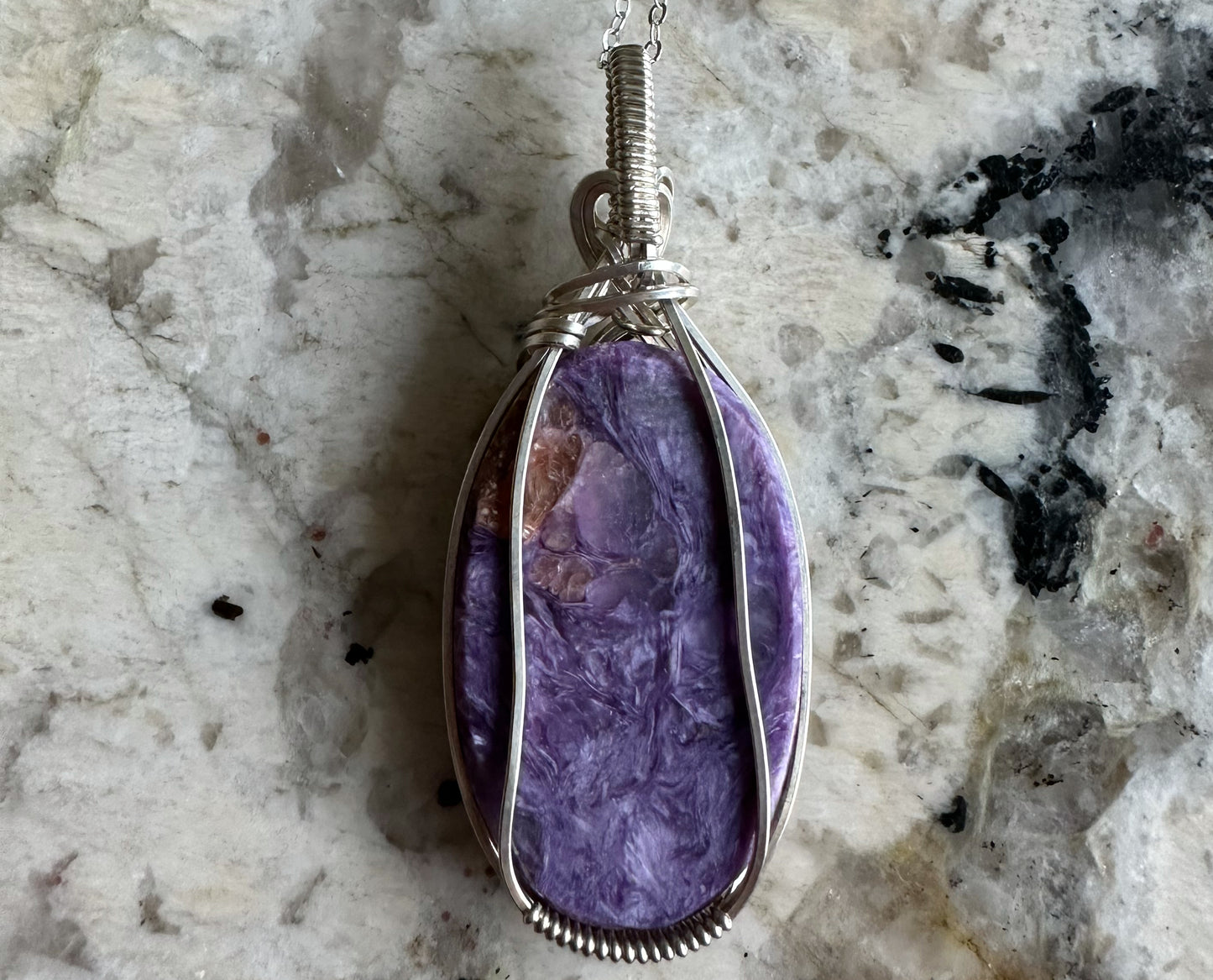 Wire-Wrapped Charoite Pendant in Sterling Silver