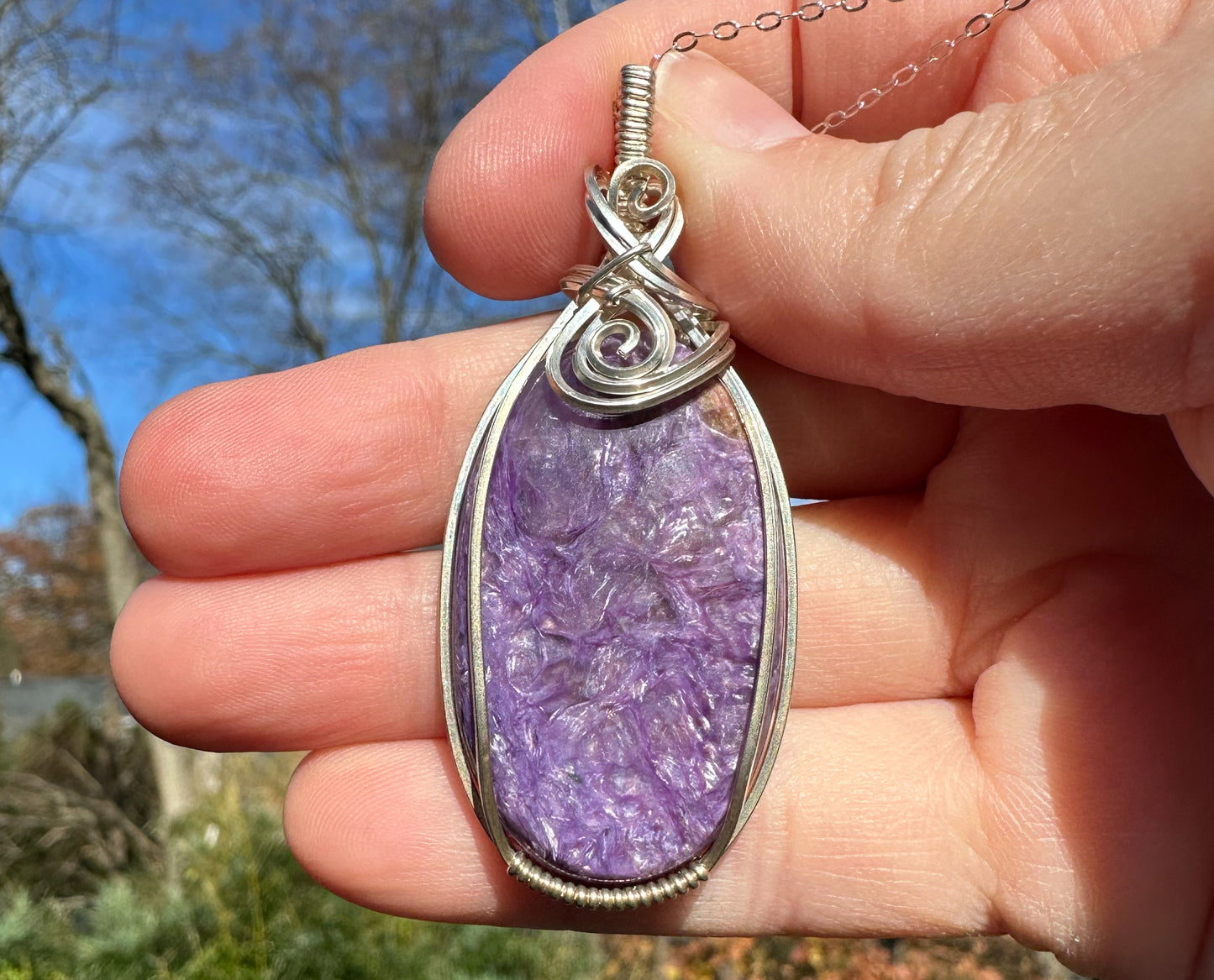 Wire-Wrapped Charoite Pendant in Sterling Silver