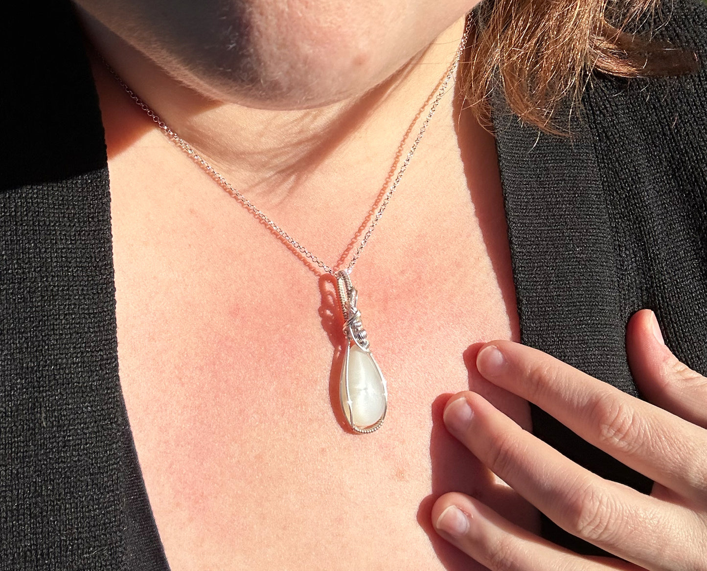 Wire-Wrapped Chatoyant Gray Moonstone Pendant in Sterling Silver