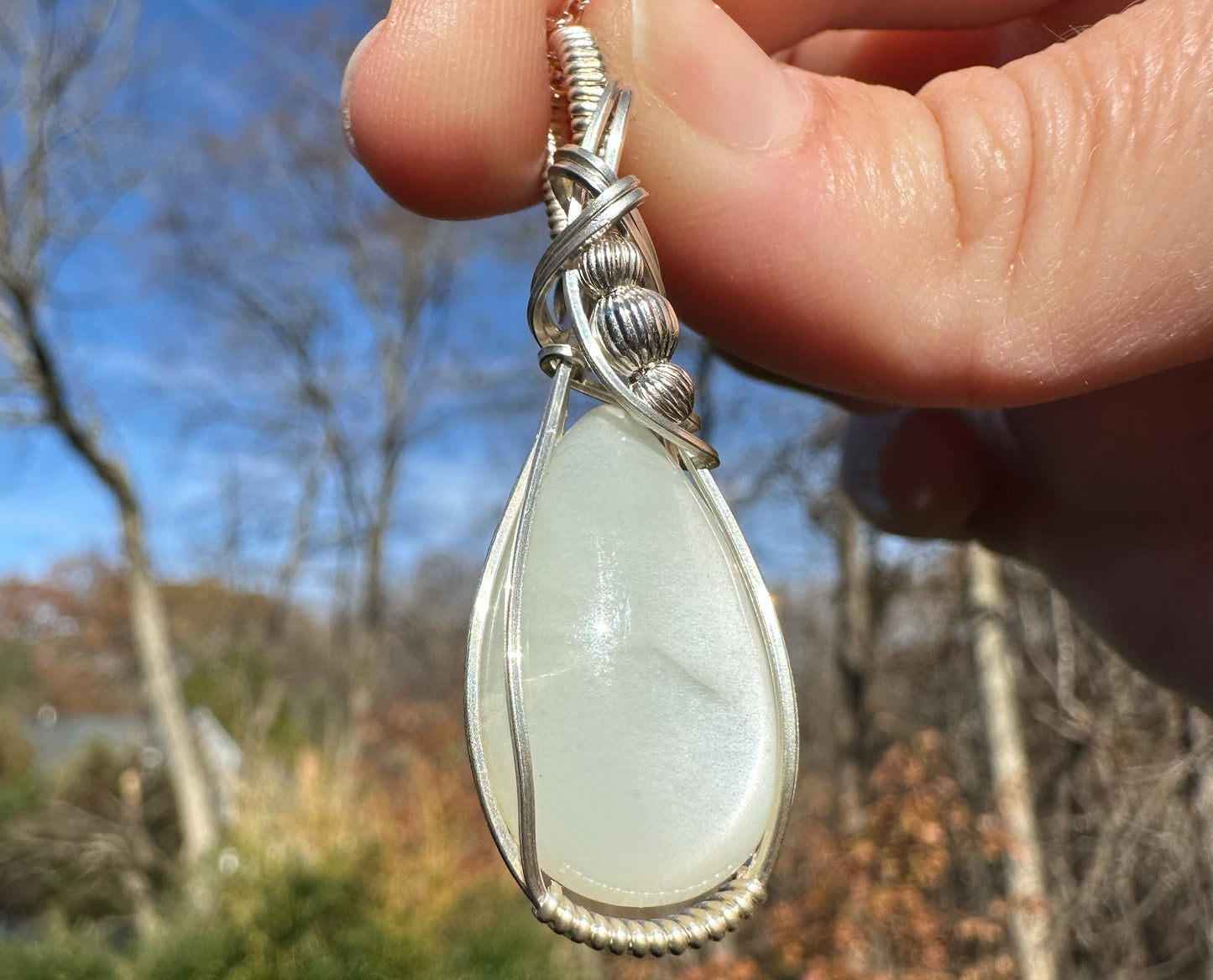 Wire-Wrapped Chatoyant Gray Moonstone Pendant in Sterling Silver