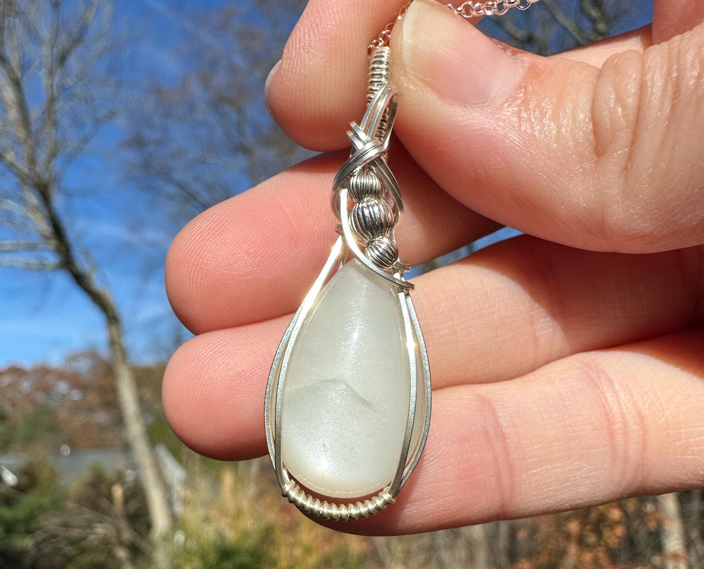 Wire-Wrapped Chatoyant Gray Moonstone Pendant in Sterling Silver