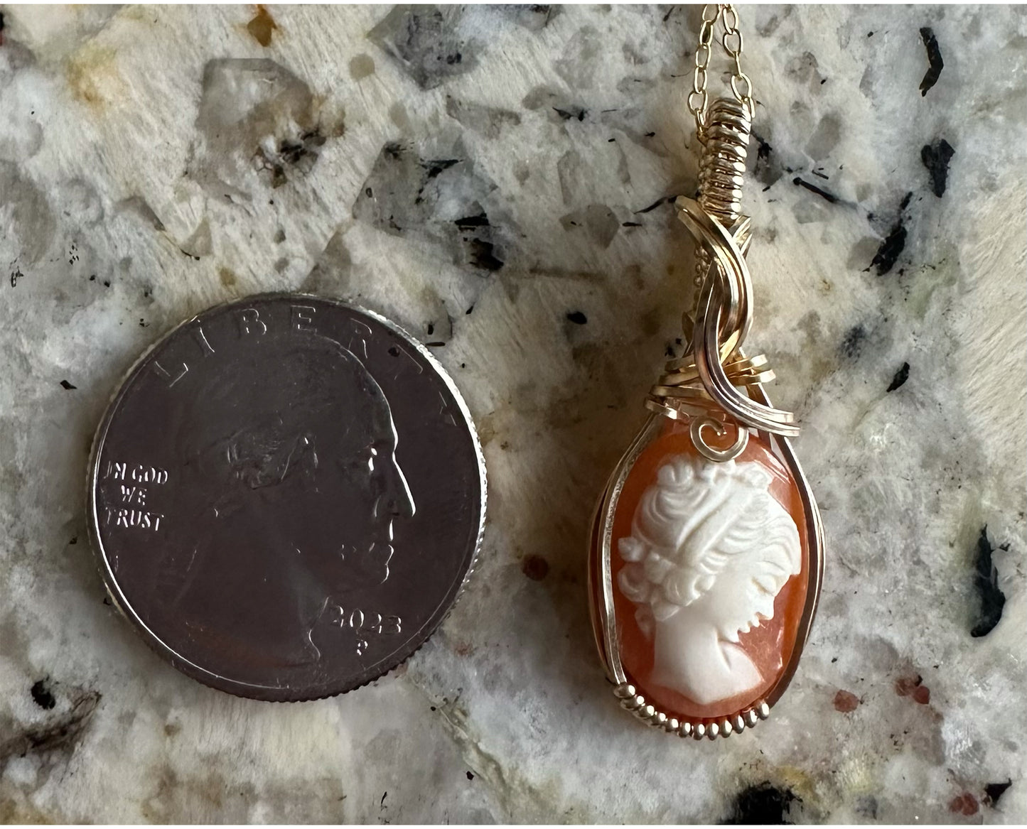 Wire-Wrapped Small Vintage Carved Shell Cameo of Woman Pendant in 14k Goldfilled Wire
