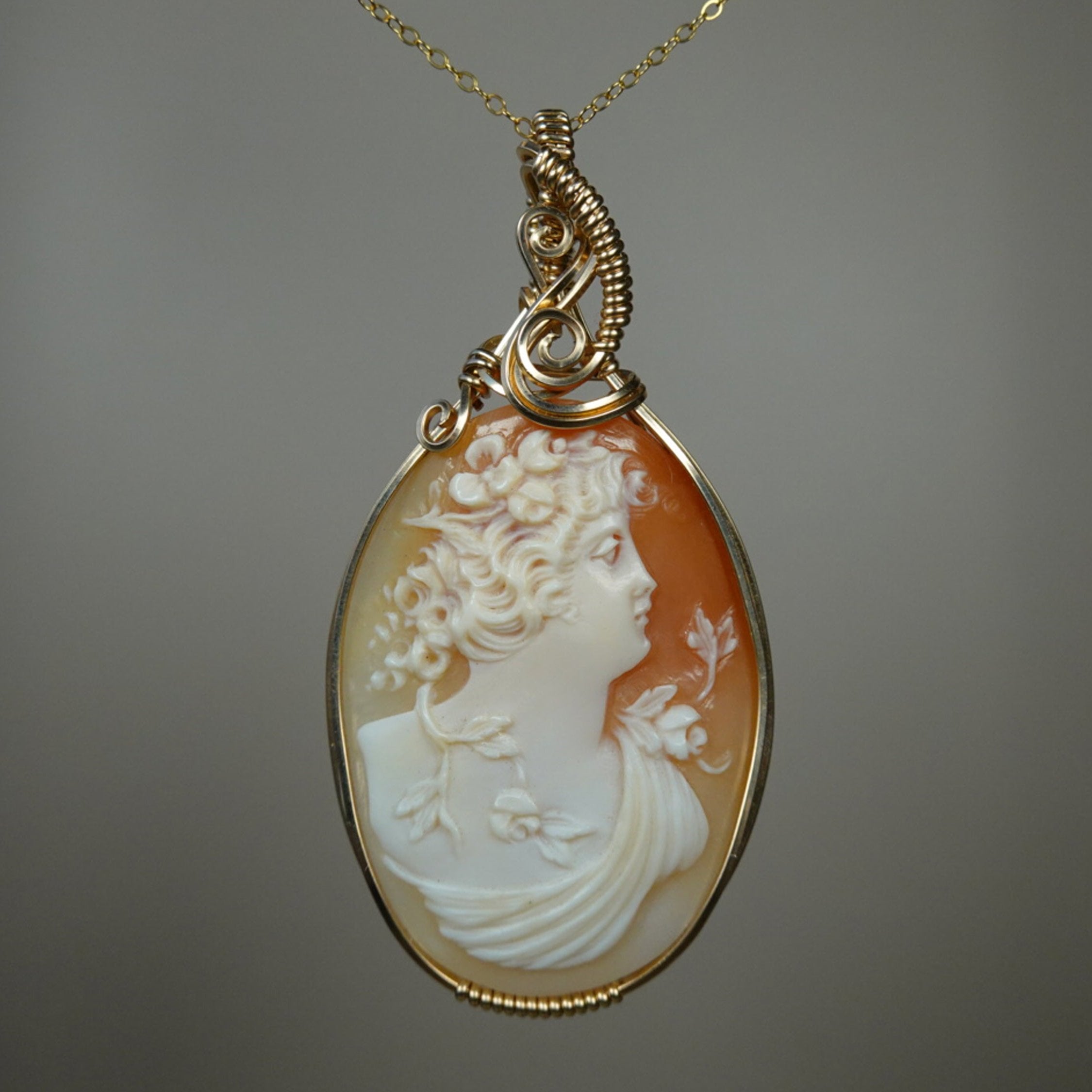 Large Vintage Antique Shell Cameo Pendant Necklace Carved - selling in 14kt. Rolled Gold -----Wire Wrapped