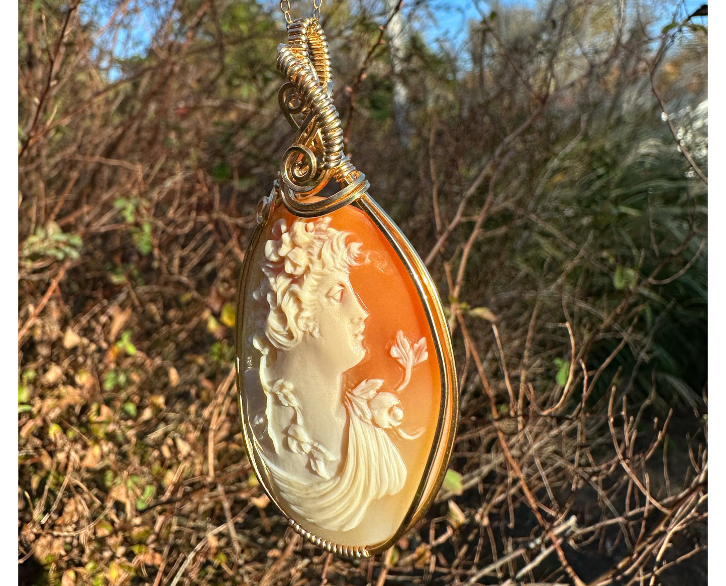 14k Goldfilled Wire-Wrapped Antique Carved Shell Cameo of Goddess Flora