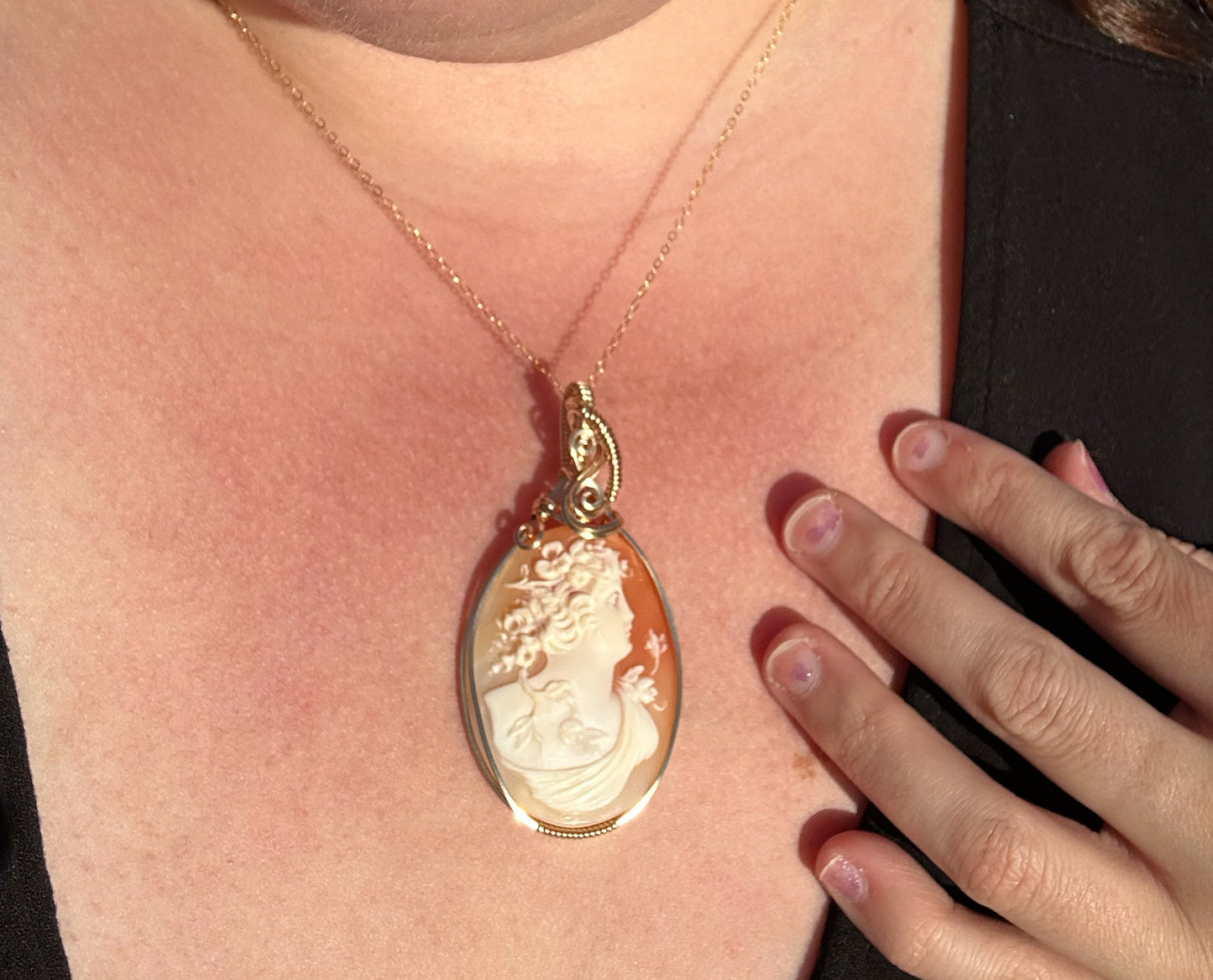 14k Goldfilled Wire-Wrapped Antique Carved Shell Cameo of Goddess Flora