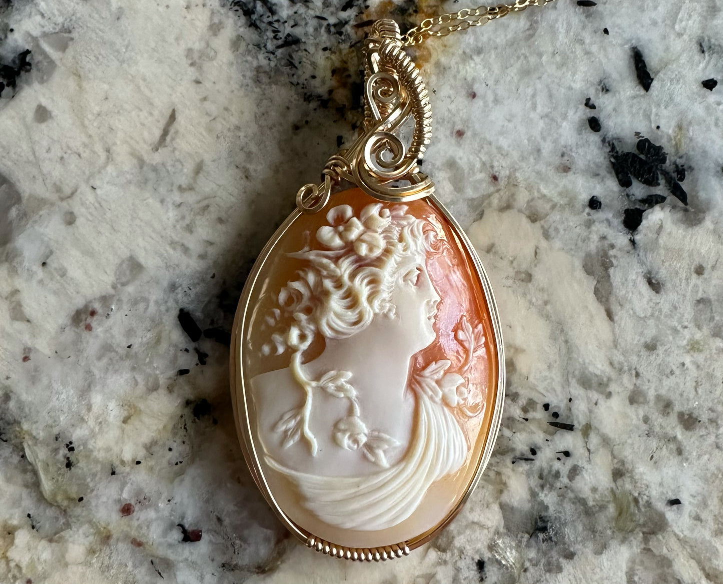 14k Goldfilled Wire-Wrapped Antique Carved Shell Cameo of Goddess Flora