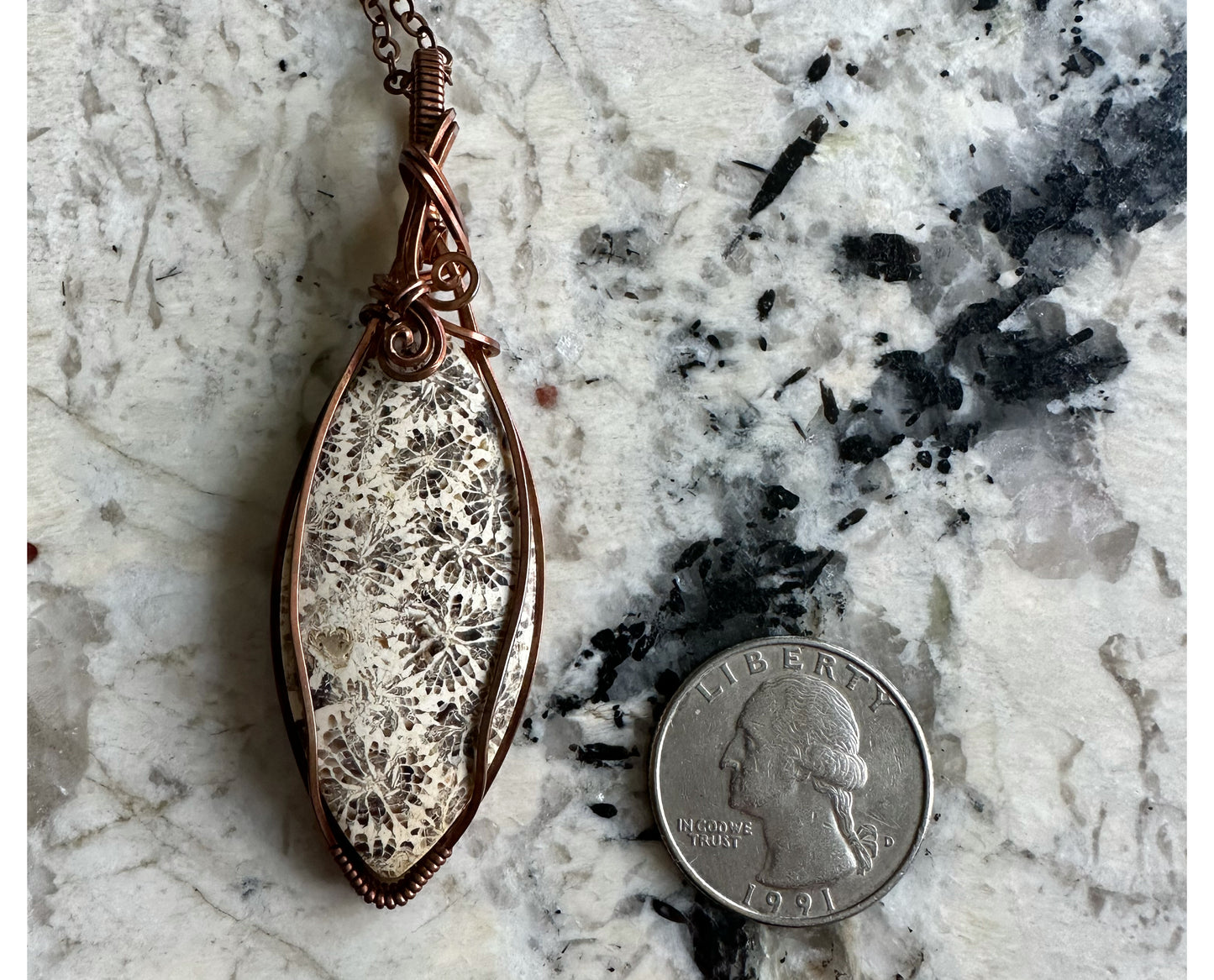 Wire-Wrapped Fossilized Coral Pendant in Copper