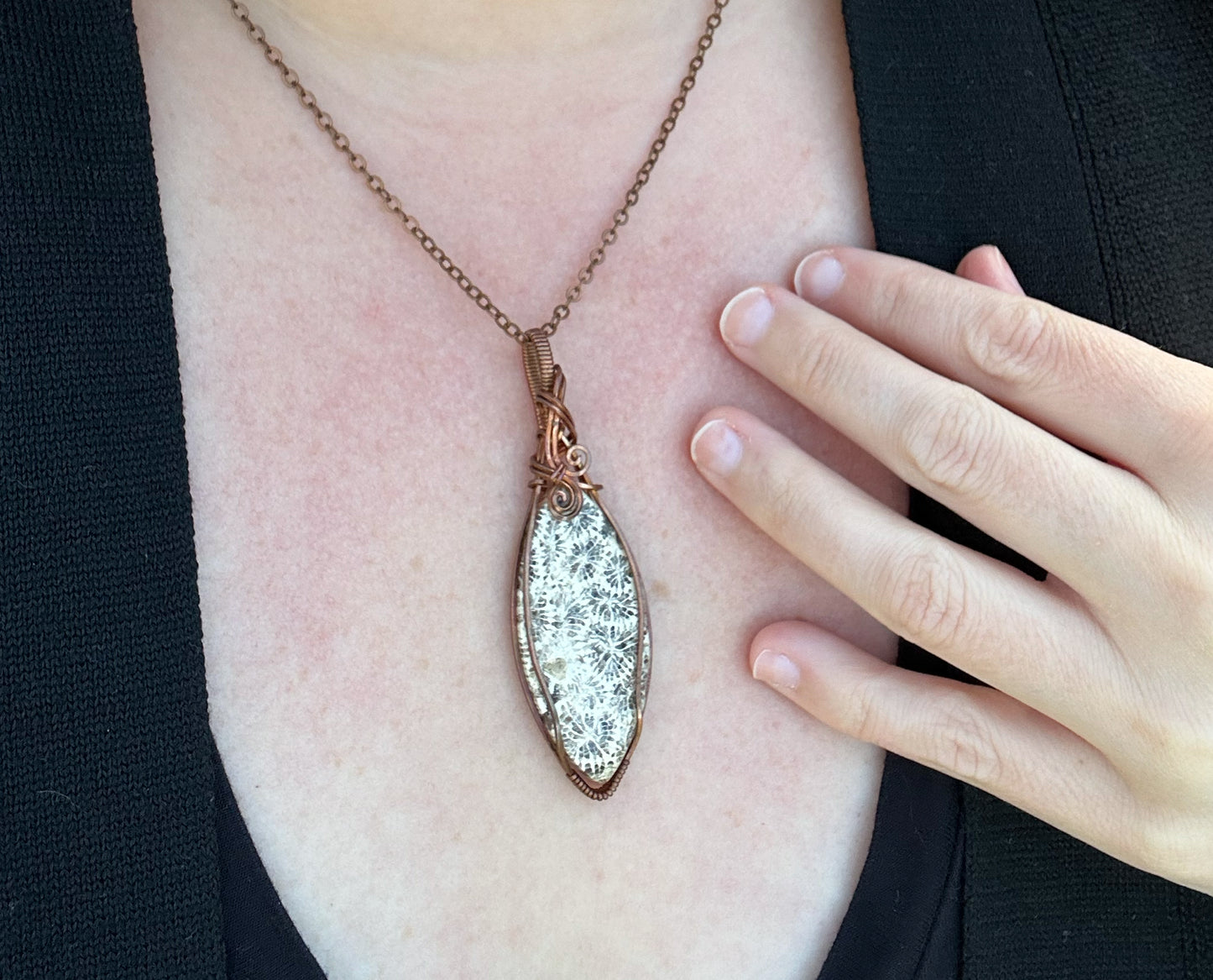 Wire-Wrapped Fossilized Coral Pendant in Copper