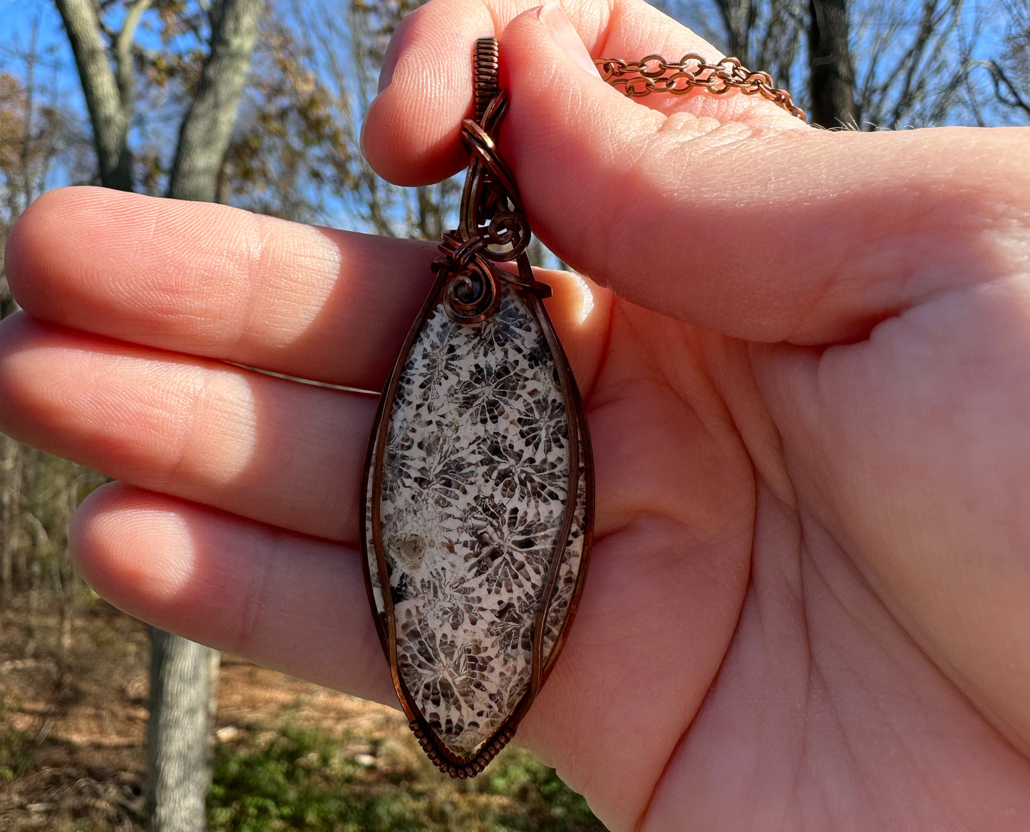 Wire-Wrapped Fossilized Coral Pendant in Copper