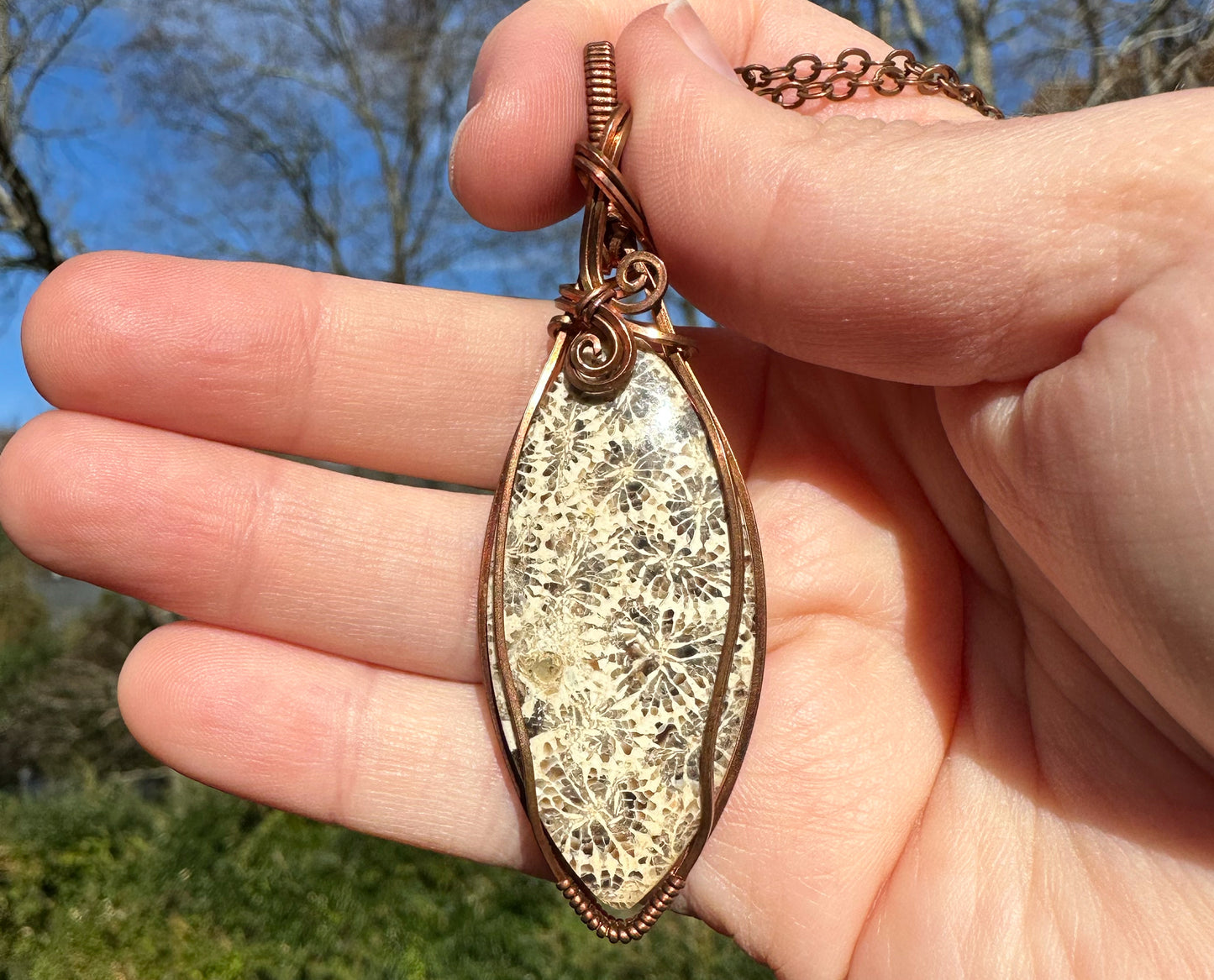 Wire-Wrapped Fossilized Coral Pendant in Copper