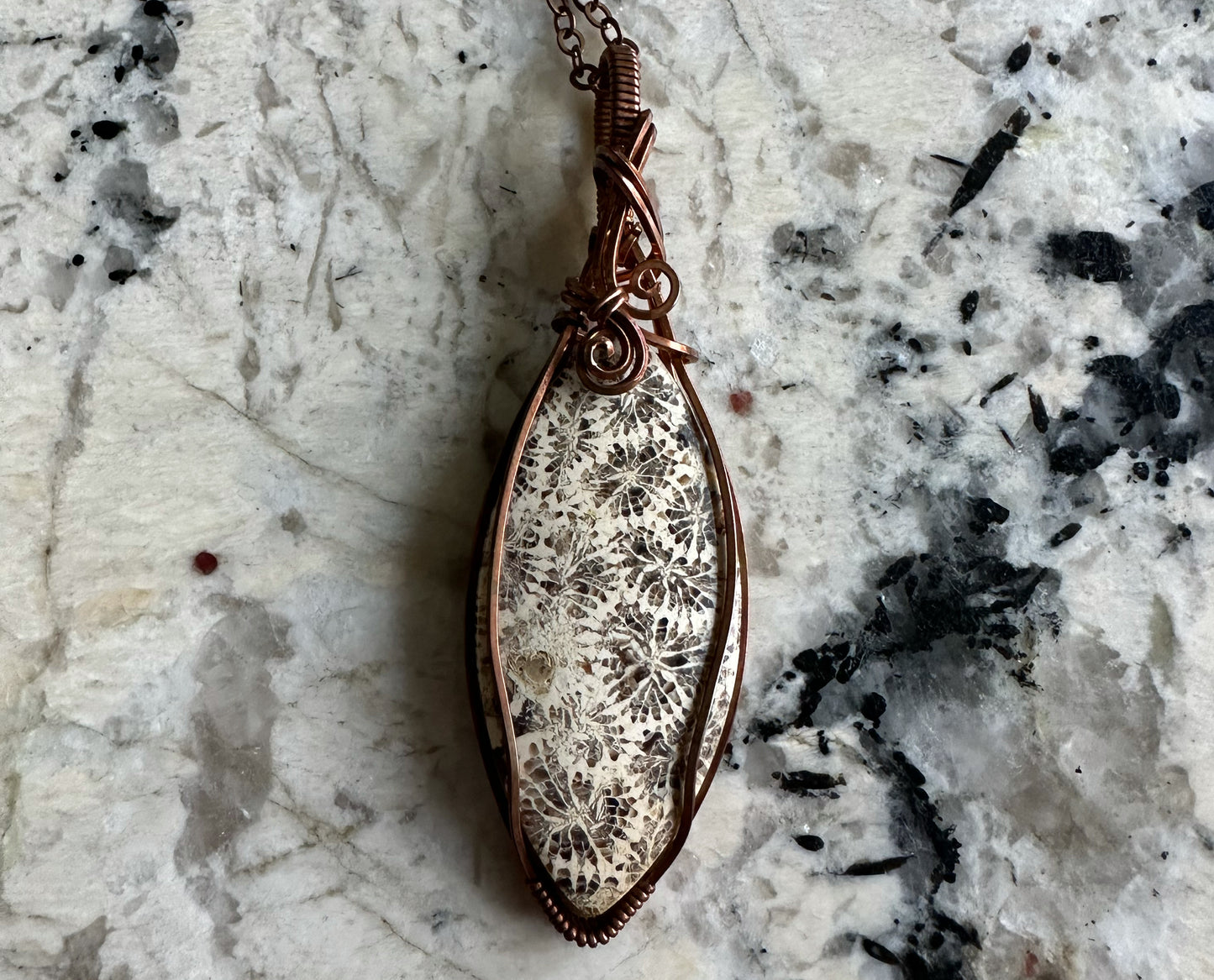 Wire-Wrapped Fossilized Coral Pendant in Copper