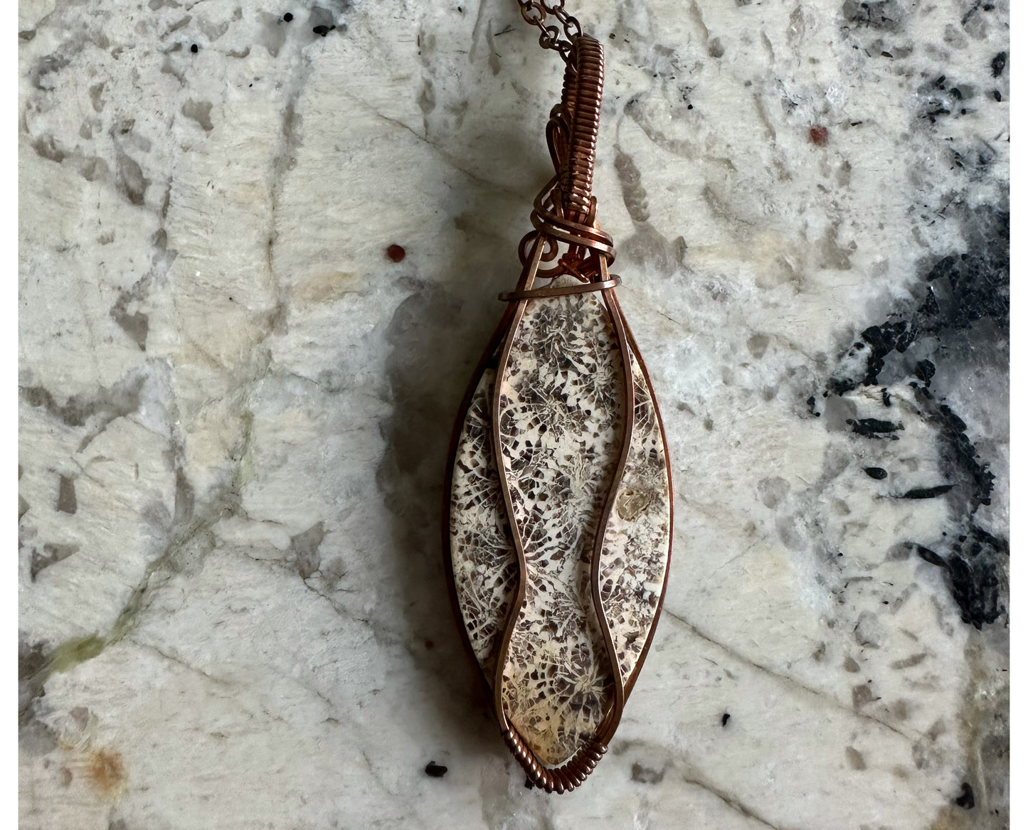 Wire-Wrapped Fossilized Coral Pendant in Copper