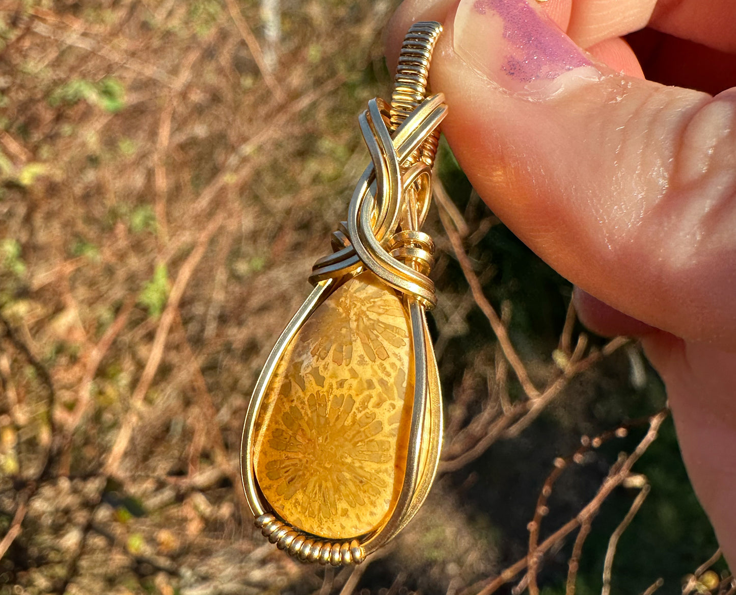 14k Goldfilled Wire-Wrapped Fossilized Coral Pendant