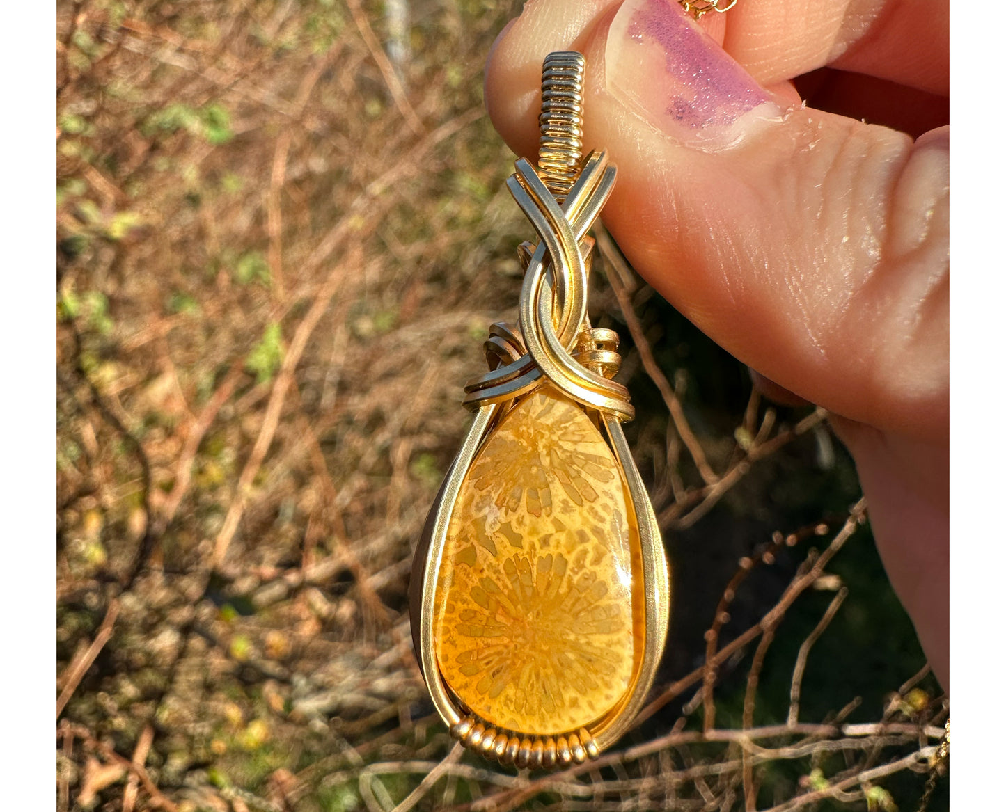 14k Goldfilled Wire-Wrapped Fossilized Coral Pendant