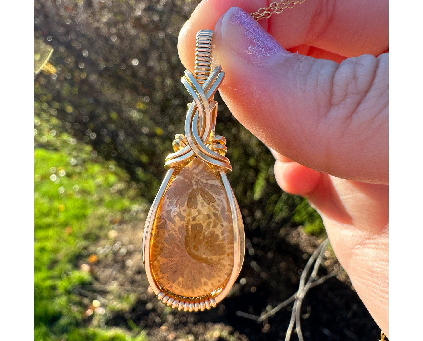 14k Goldfilled Wire-Wrapped Fossilized Coral Pendant