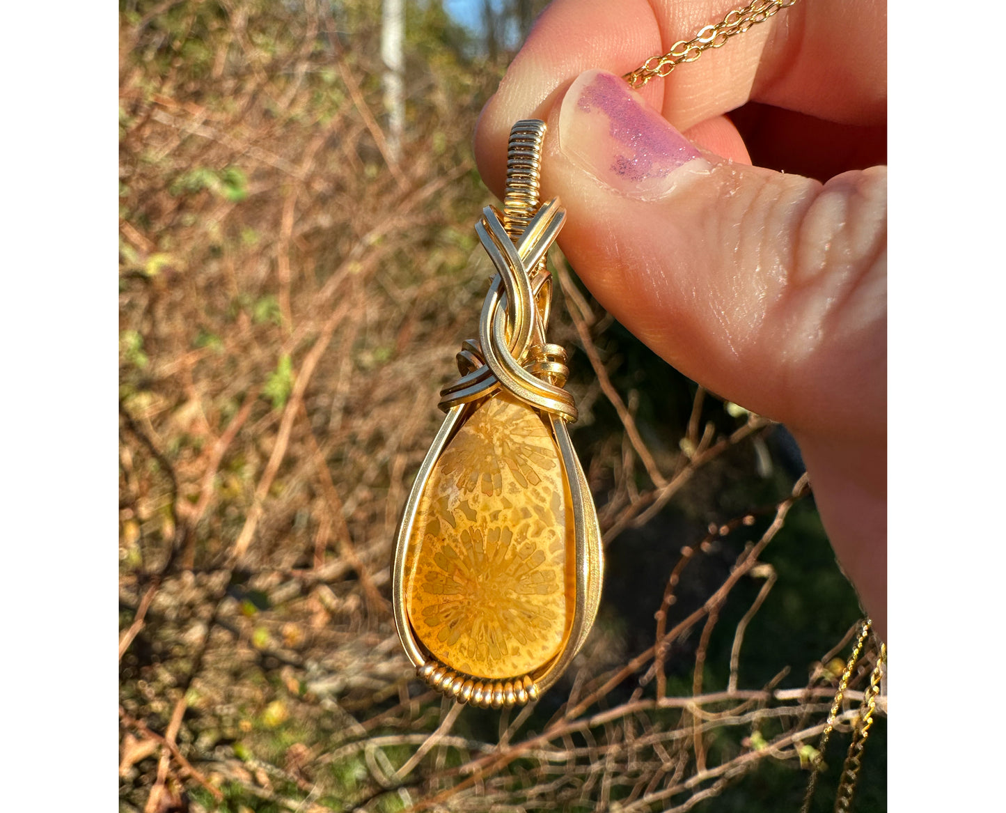 14k Goldfilled Wire-Wrapped Fossilized Coral Pendant