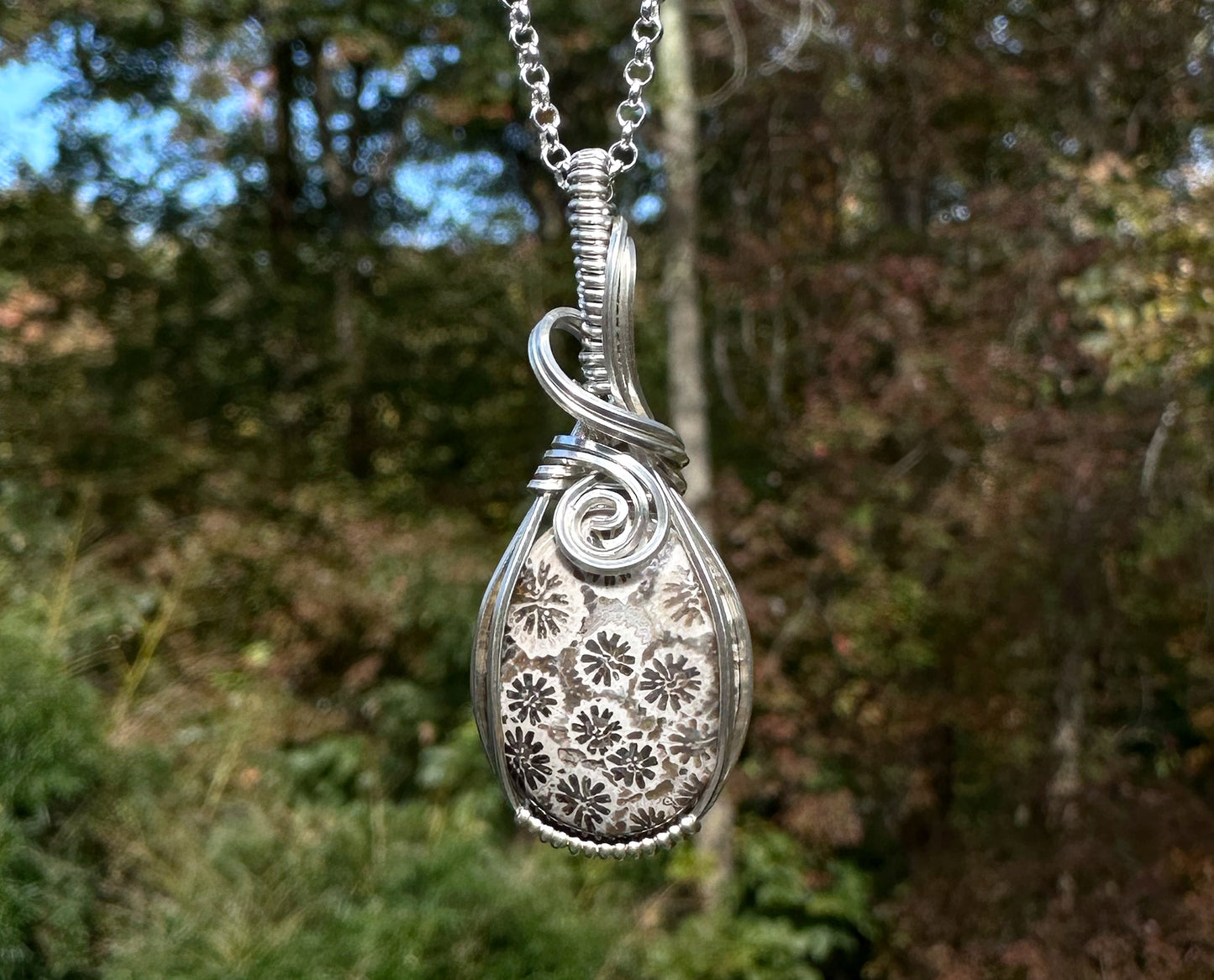 Wire-Wrapped Natural Gray Fossilized Coral Pendant in Sterling Silver