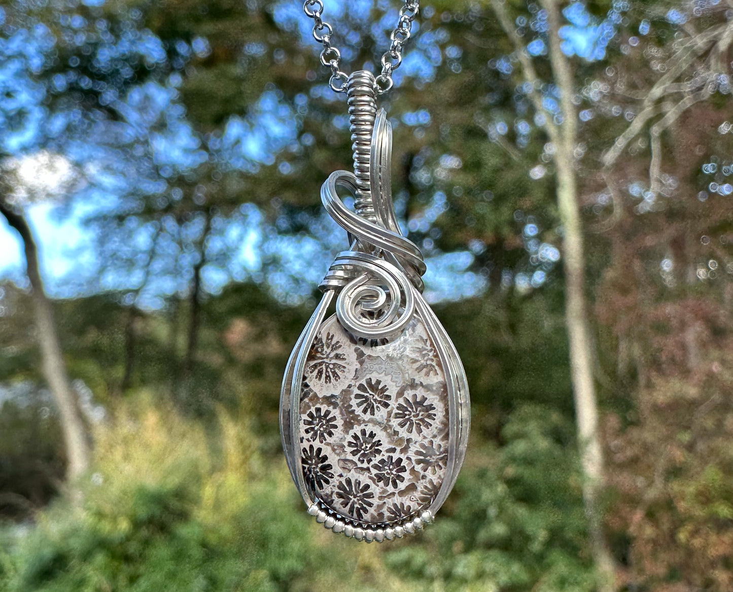 Wire-Wrapped Natural Gray Fossilized Coral Pendant in Sterling Silver