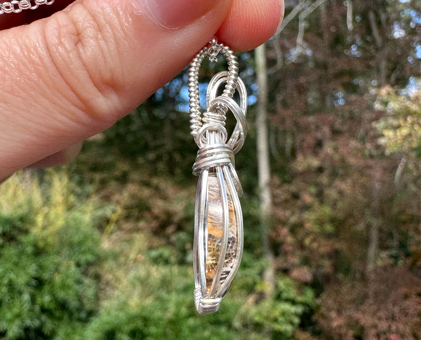 Wire-Wrapped Natural Gray Fossilized Coral Pendant in Sterling Silver